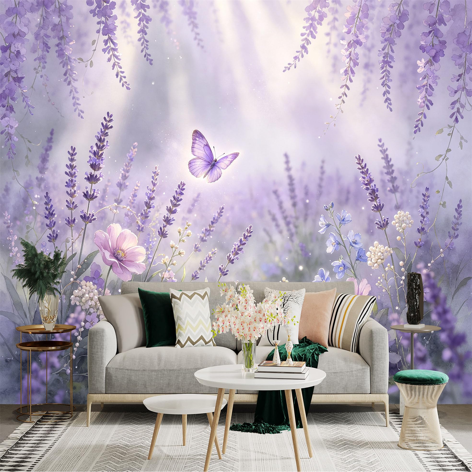 Lnzczhyre Bh260719708 Custom Size Wall Sticker Mural， Lavender Fields， Purple Floral Meadow， Butterfly In Garden， Soft Watercolor Bloom， For Wall Decoration， Peelandstick Wall Decals.