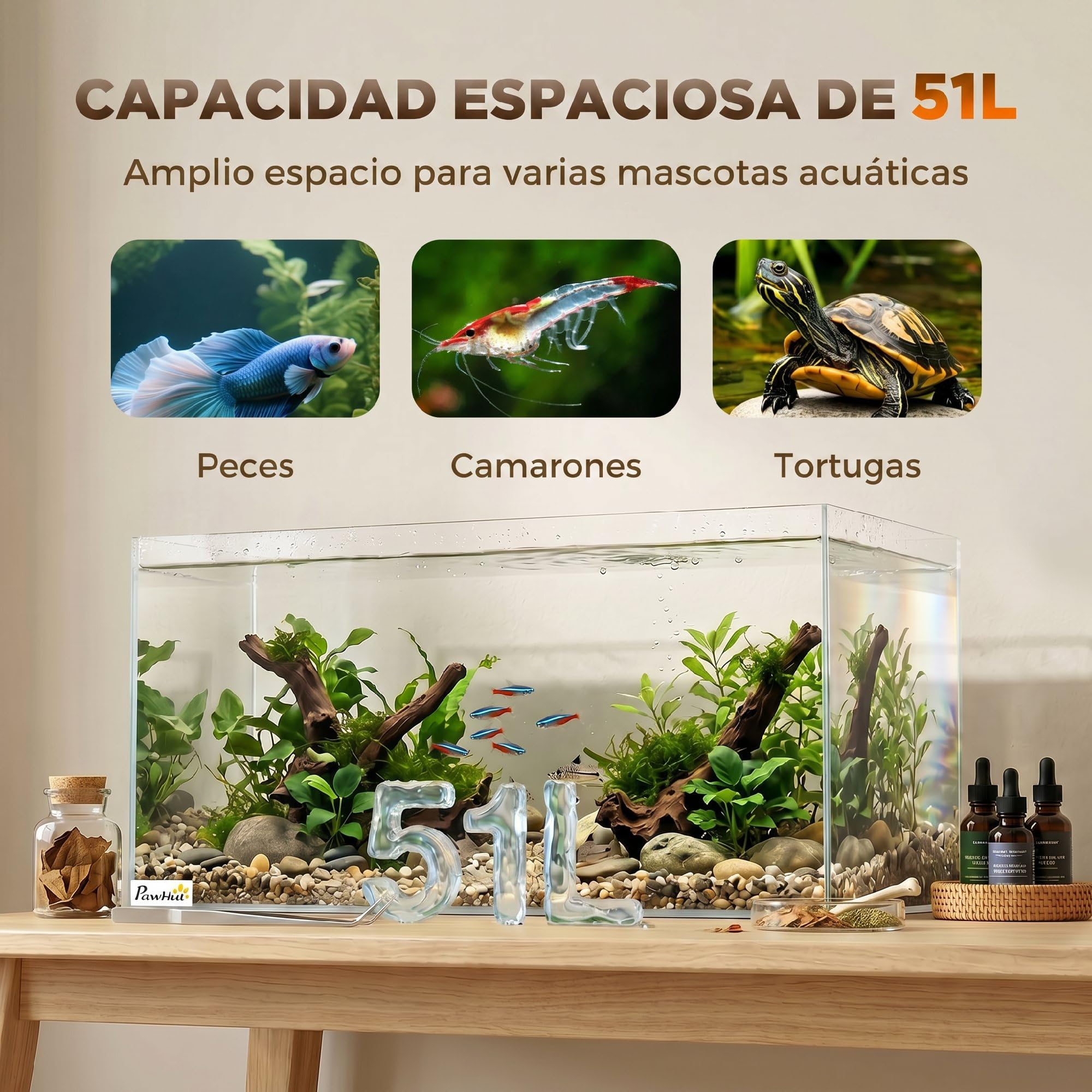 PawHut Acuario de Pecera 51 L con Alfombrilla Protectora Transparente | Pecera de Cristal, para Peces, Camarones y Tortugas