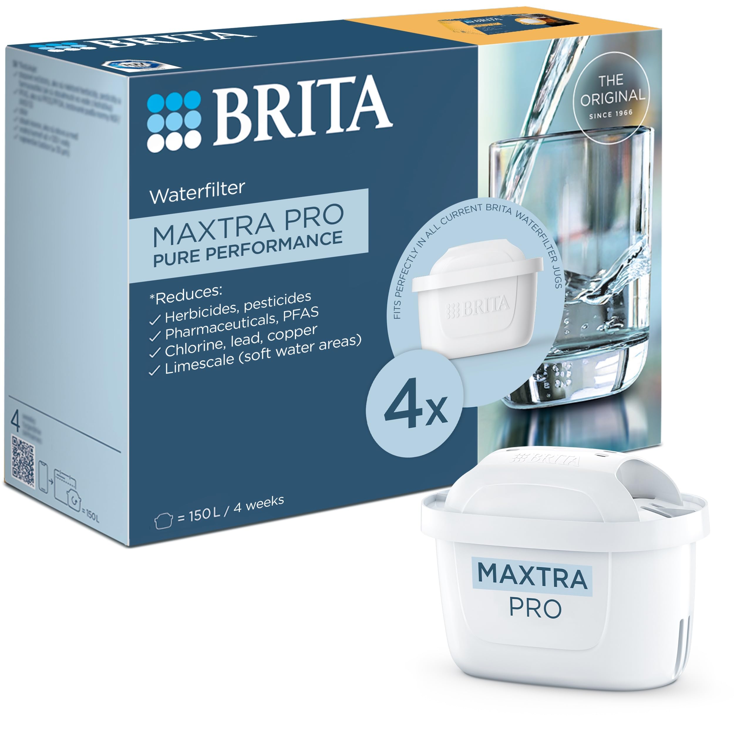 BRITA MAXTRA PRO Pure Performance Water Filter Cartridge - 4 Pack - Original BRITA Refill reducing impurities, Chlorine, PFAS, pesticides and limescale for tap Water with Better Taste