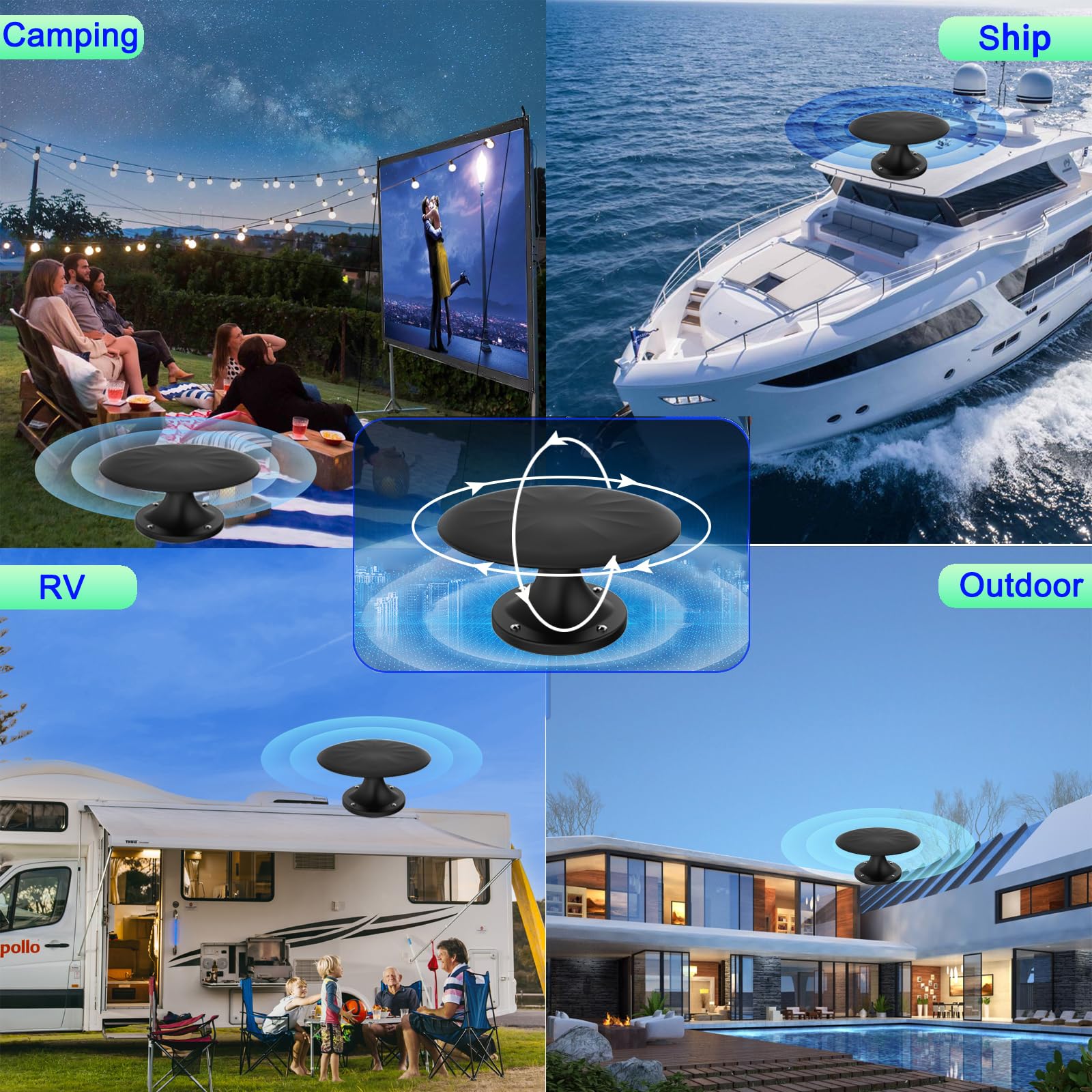 Antenna TV per camper, per esterni, portatile, a lungo raggio a 720°, ricezione omnidirezionale, segnale HD digitale, con amplificatore di segnale, cavo HDTV da 10,7 m (BLACK1)