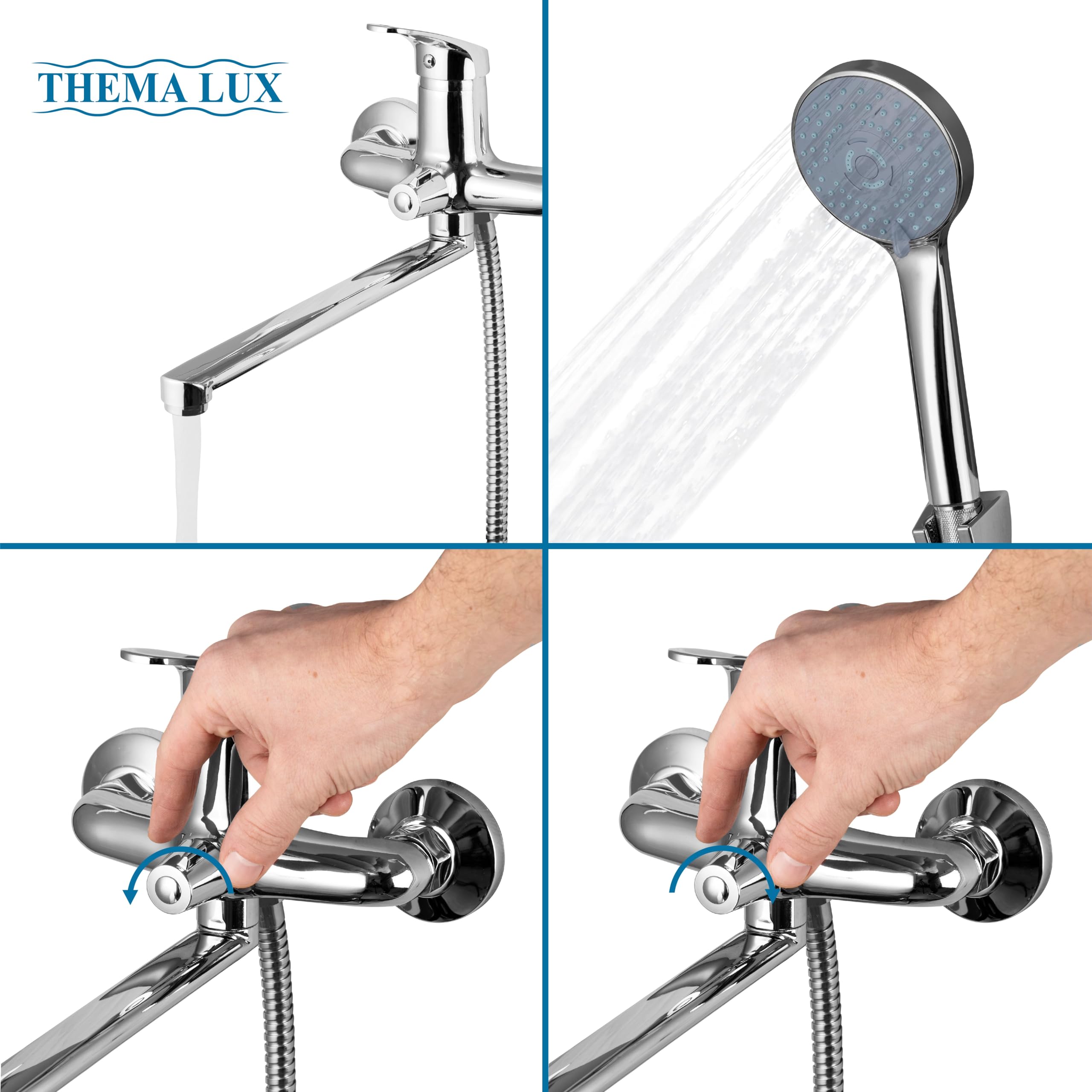 Rubinetto Vasca da Bagno con Doccetta, Tubo e Supporto | Miscelatore Doccia - Design Classico ed Elegante | Rubinetto Doccia con Rivestimento Cromato | Miscelatore per Doccia - 30cm