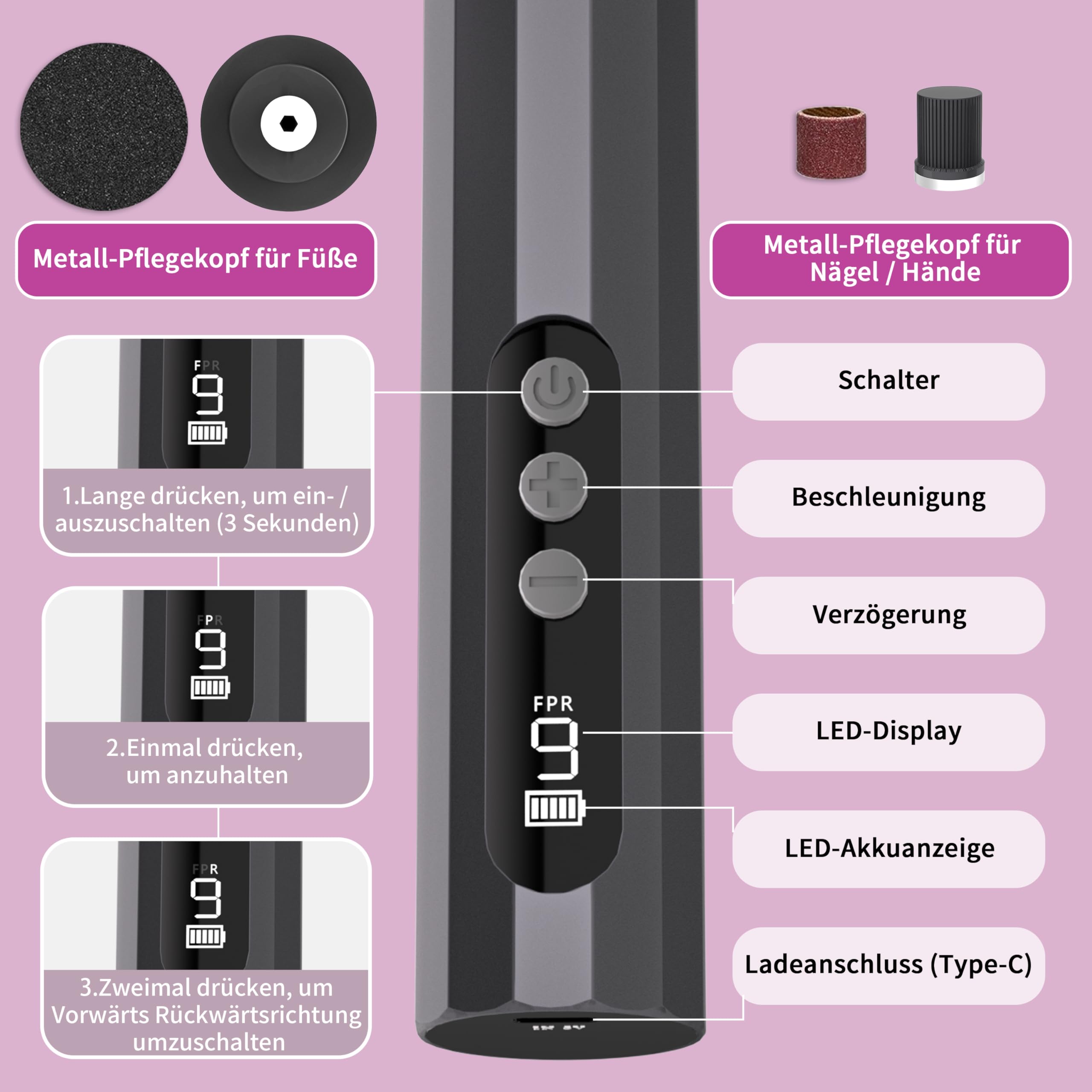 Elektrischer Hornhautentferner für die Füße mit 9 Einstellbare, LED-Anzeige, Hornhautentferner für seidig weiche Füße, Akku Fußpflege Set Damen Herren