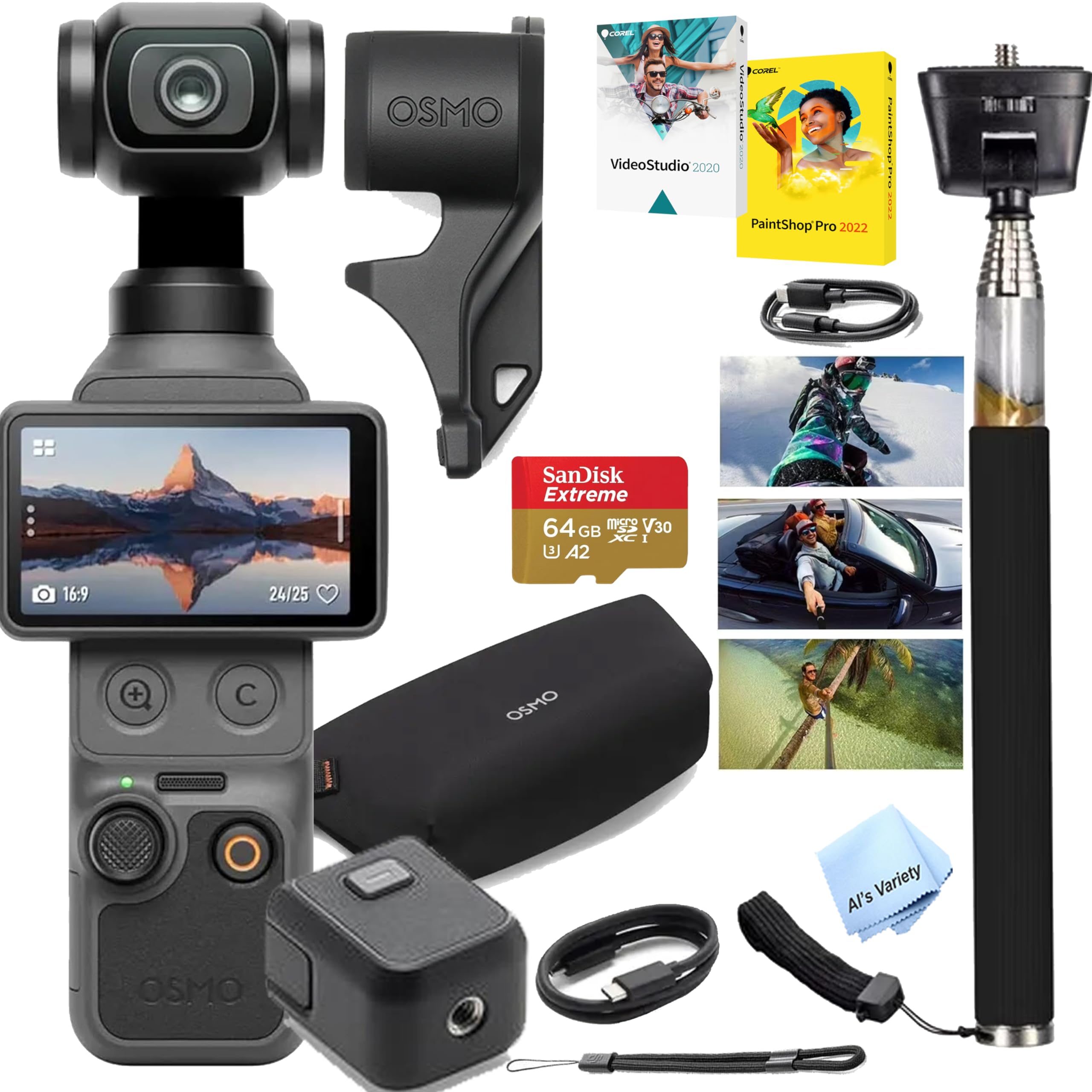 DJI Osmo Pocket 4 Value Bundle, 4K/240fps Vlog Camera, 3-Axis Stabilization, Active Track 7.0, 2 Mics + 64gb Memory, Selfie Stick, Software (Value Bundle) (Renewed)