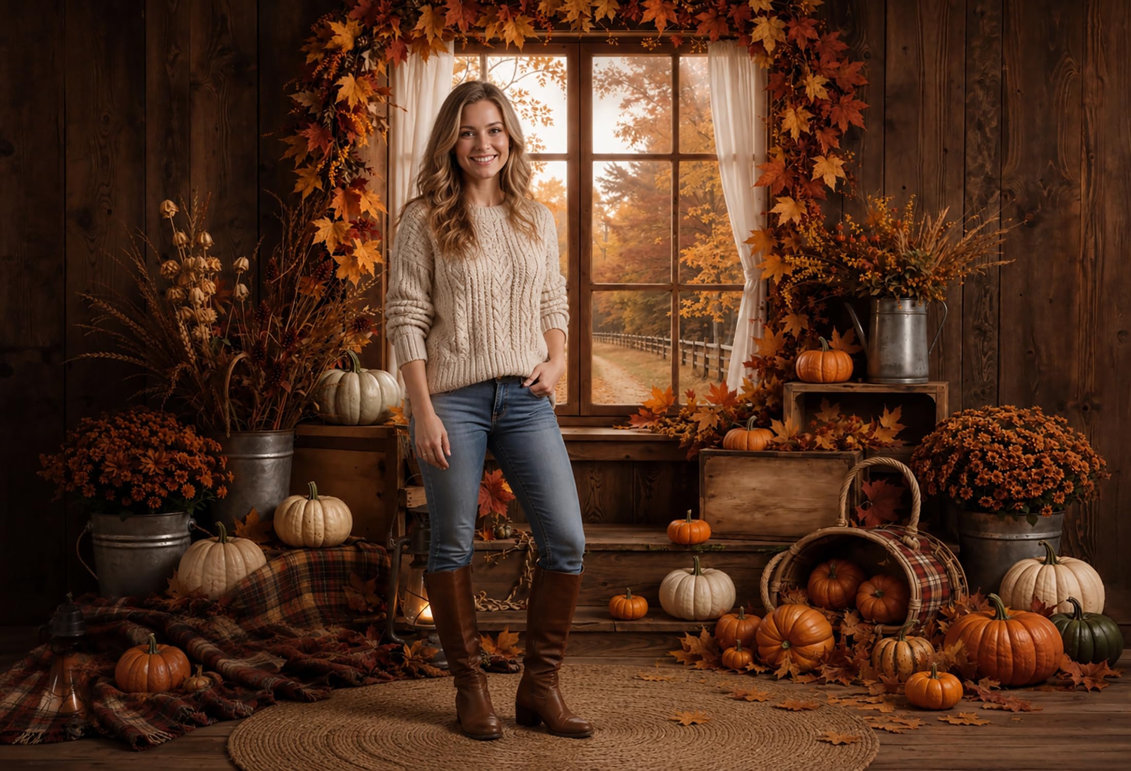 Rustykalne jesienne tło fotograficzne z drewnianym oknem Kate 7 x 5 stóp / 2,2 x 1,5 m drewniana chata z dyniami idealna na rodzinne sesje zdjęciowe baby shower imprezy i portrety