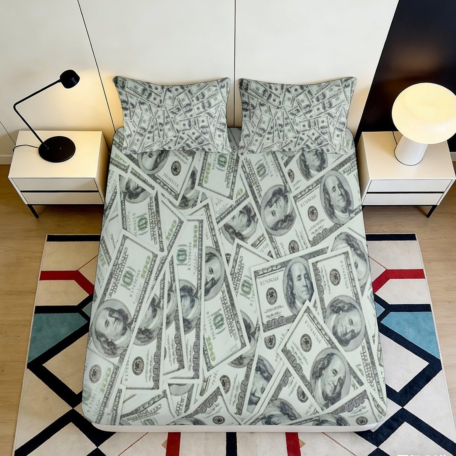 3D Printed Money Dollar Fitted Sheet Microfiber Soft Breathable Banknote Bed Cover for Bedroom Dorm Mattress Protection Decor 90x200x25cm