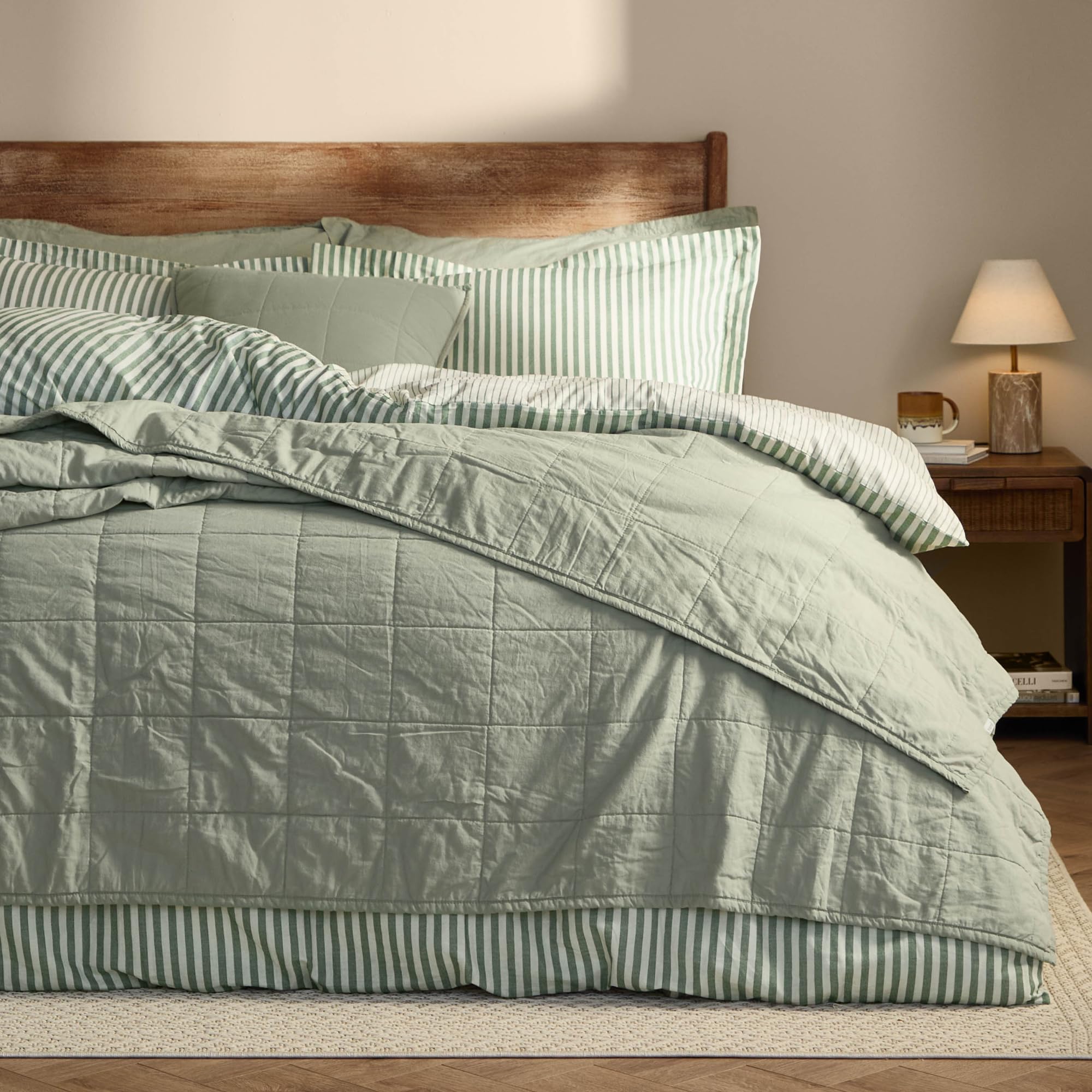 Yard Hebden Washed Cotton Quilted Bedspread – Relaxed Soft Percale Breathable Coverlet (Bay Green – 265x265cm)