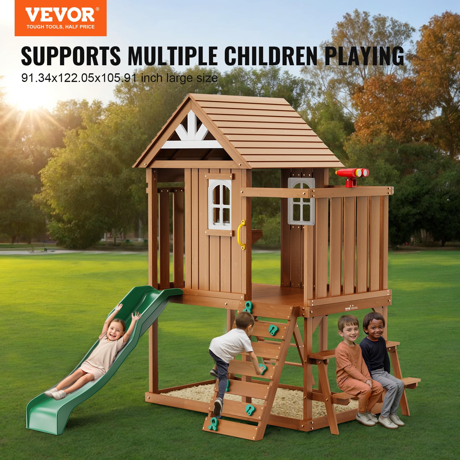 VEVOR Casetta da Gioco per Bambini da Esterno in Legno (Grigio, 2,32P x 3,1l x 2,69H metri)