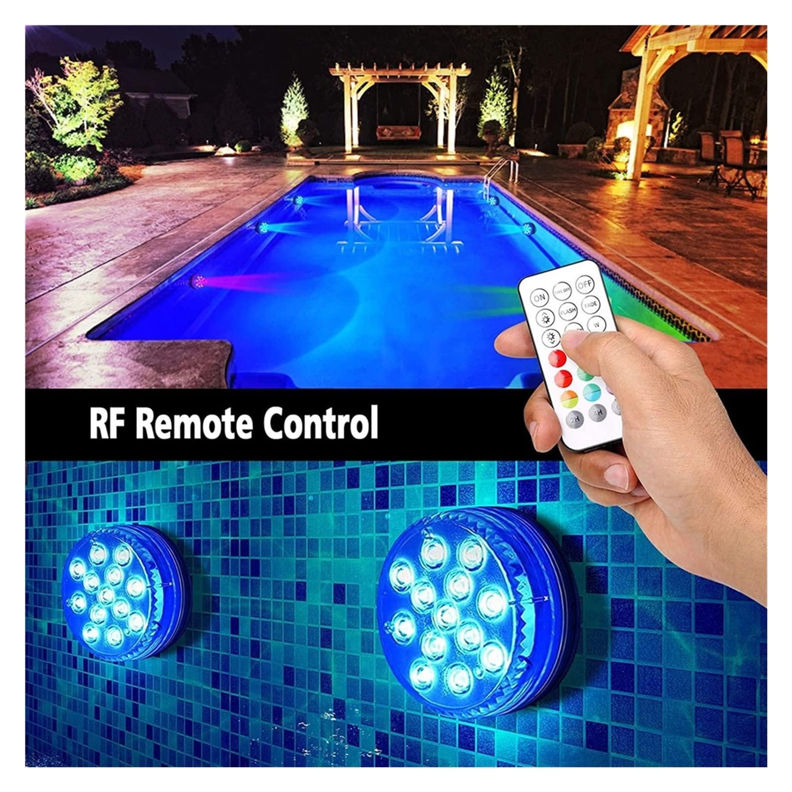 Lumières LED de Piscine Updated Submersible LED Lights with Remote Underwater Pool Light IP68 Magnet 13 LED Bright Lamp RVB for Pond/Pool/Aquarium (Color : 2 Light 1 Controller, Size : 8.5CM)