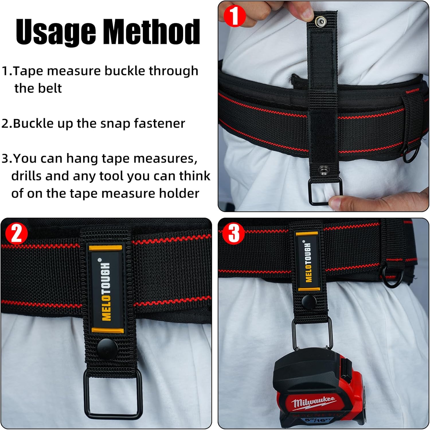 MELOTOUGH 2" Nylon Web Work Tool Belt for Men with Heavy Duty Quick Release Rugged Metal Buckle, 2 Pcs Tape Measure Holder Tool Belt Loop Belt Clip Drill Impact Tool Holster