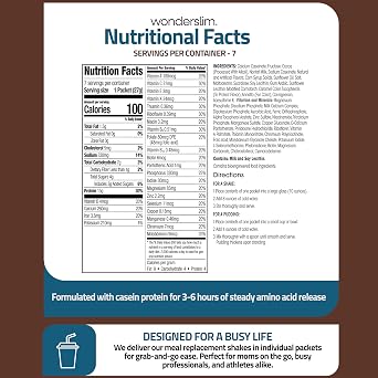 WonderSlim Protein Meal Replacement Shake 15g Protein, 24 Vitamins & Minerals, Low Carb, Low Calorie, Gluten Free Meal Replacement Drink for Weight Management, 7 Count Packets (Chocolate Cream)