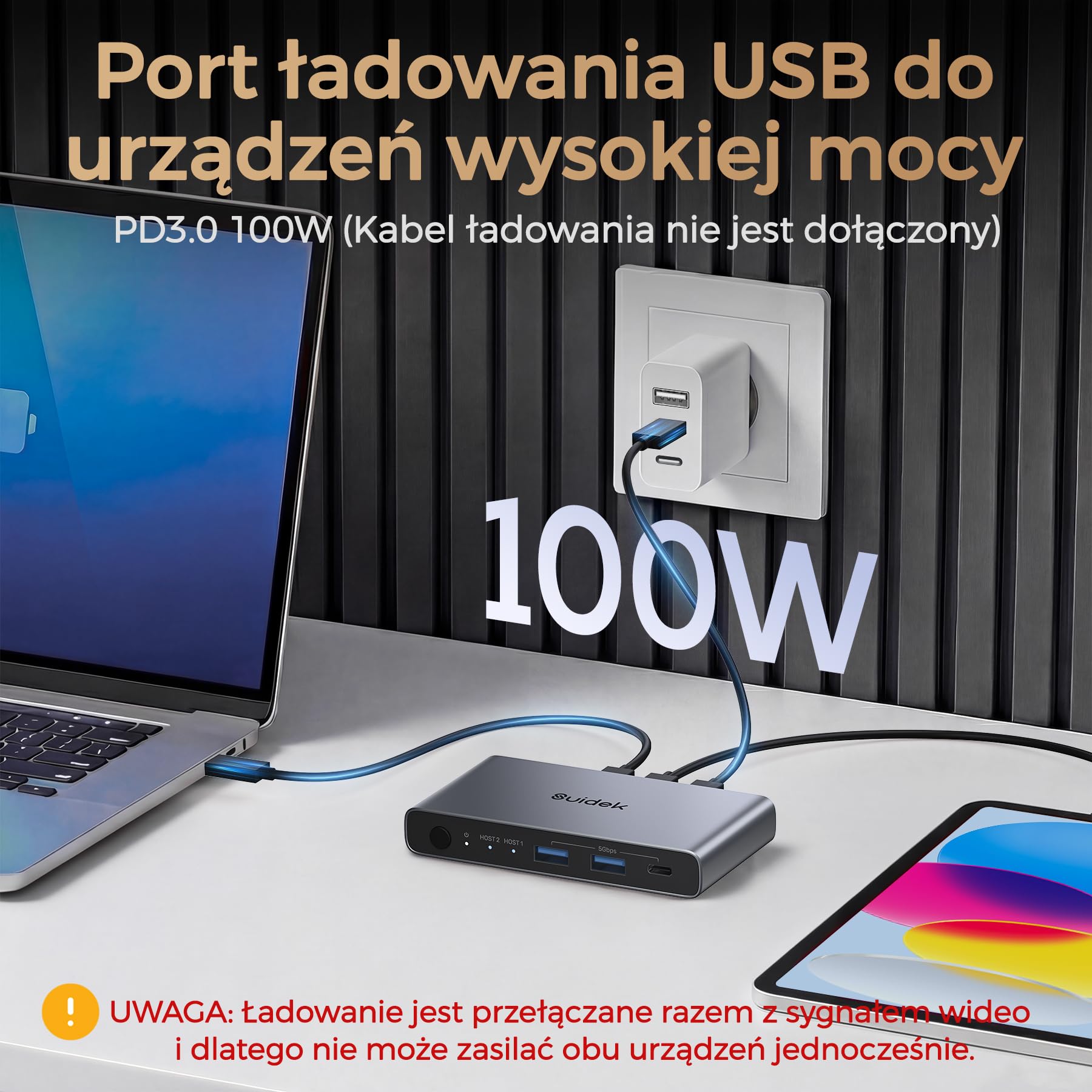 SUIDEK Przełącznik USB C KVM 2 w 1, wyjście 4K 60 Hz, aluminium z 3 portami USB 3.0, na 2 laptopy, 1 monitor, klawiaturę, mysz i drukarkę, z kablem USB/kontrolerem, obsługuje ładowanie do 100 W