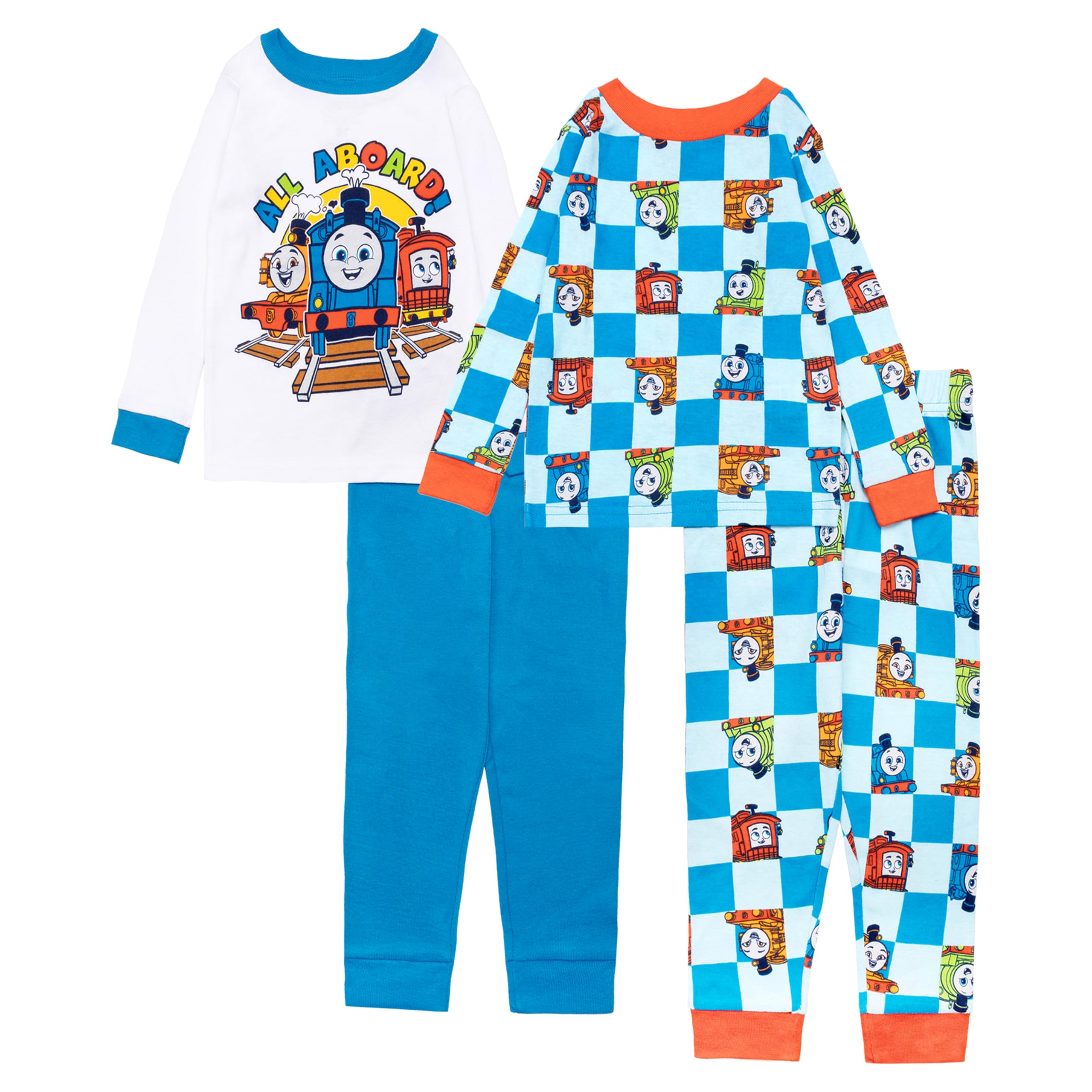 Thomas & Friends Boys' 4-Piece Snug-fit Cotton Matching Long-Sleeve Pajamas | Comfortable Sleepwear Pajama Set, Soft & Cute Nightwear for Kids