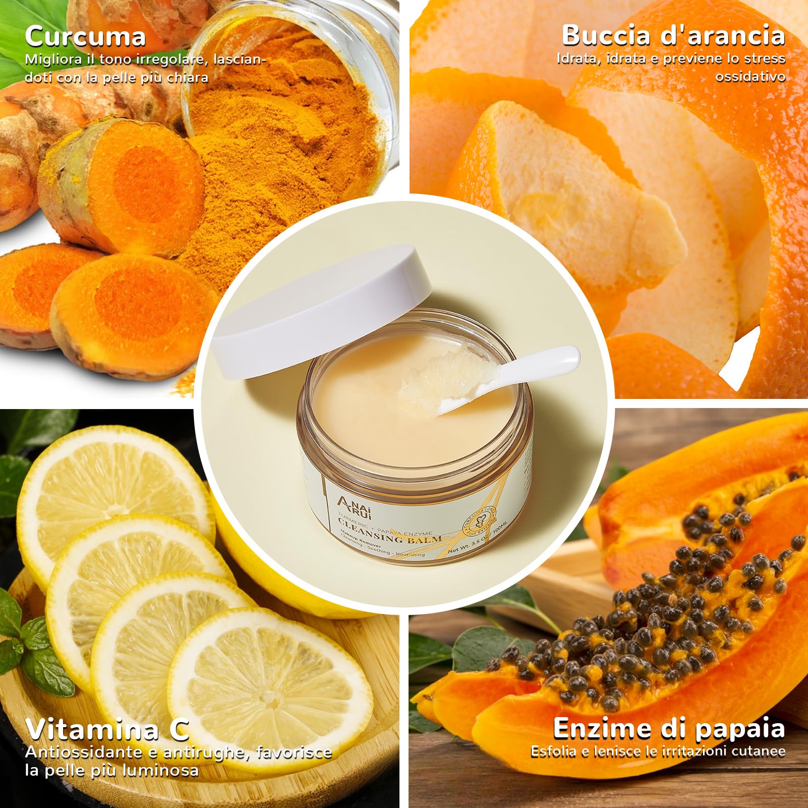 ANAiRUi Balsamo detergente con papaya di curcuma, struccante per la pulizia del viso, peeling, riduzione delle macchie scure, acne, pelle liscia, detergente per la pelle, 3,5 OZ