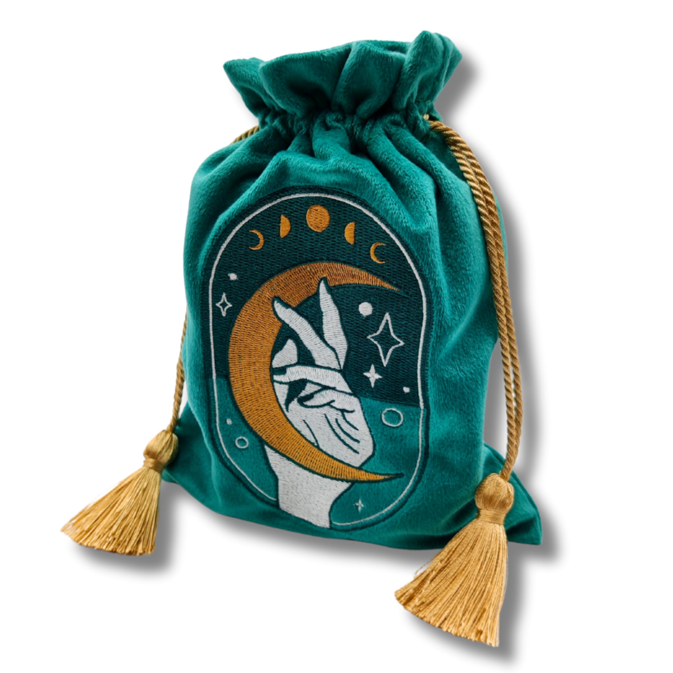La Muci Green Velvet Tarot Bag – Drawstring Pouch with Gold Tassels, 6.6 x 9 in, for Decks, Jewelry, or Gifts
