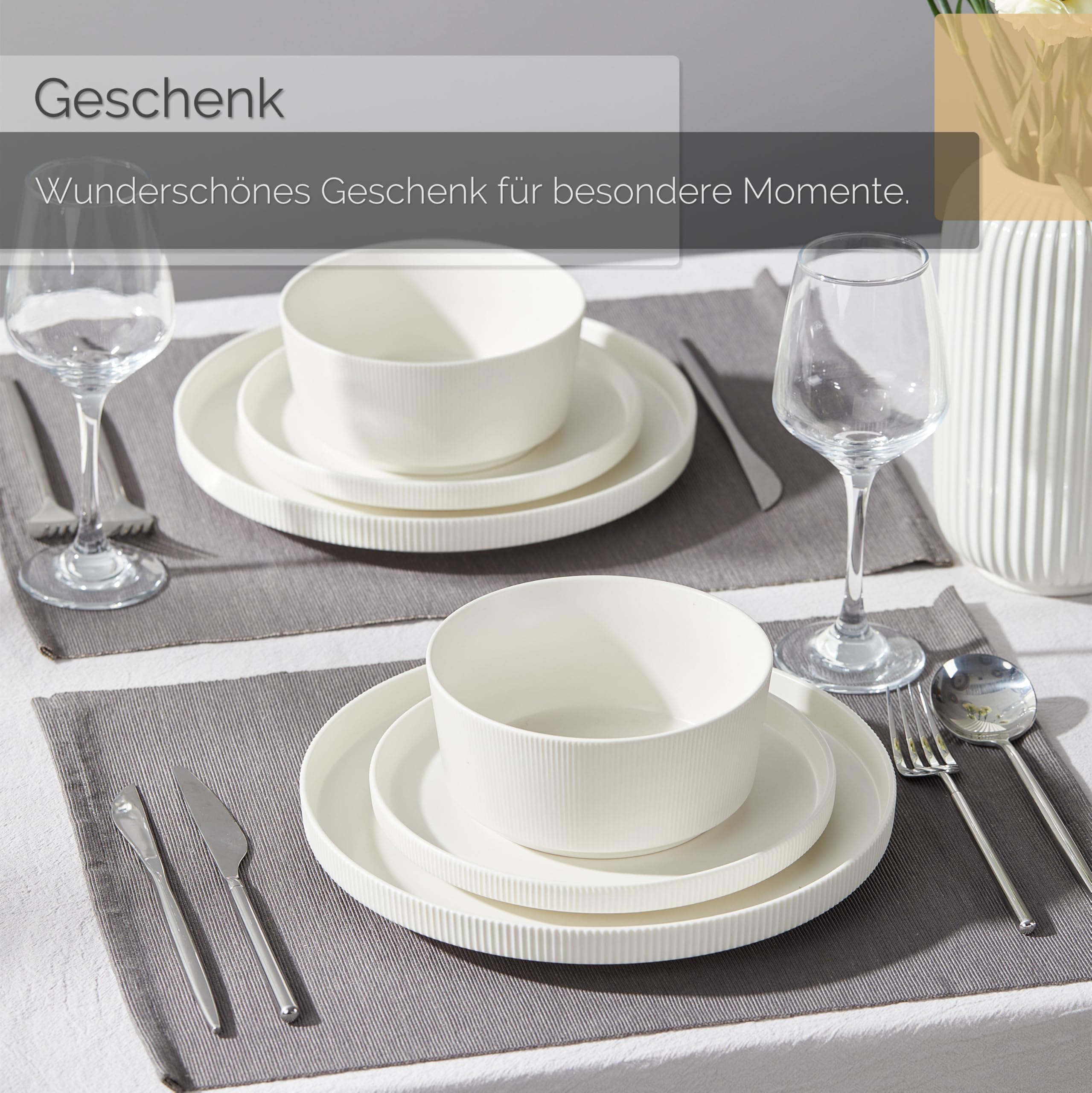 Jiwoo Geschirrset & Tafelservice 12 tlg für 4 Personen Bone China | Modern Bone China – 4 Speiseteller, 4 Dessertteller & 4 Schüsseln, leicht, robust, mikrowellen- & spülmaschinengeeignet