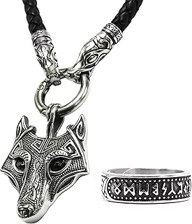 BaviPower Wolf Head Pendant with Braided Leather Necklace Stainless Steel Nordic Scandinavian Necklace Authentic Viking Jewelry (19.7)