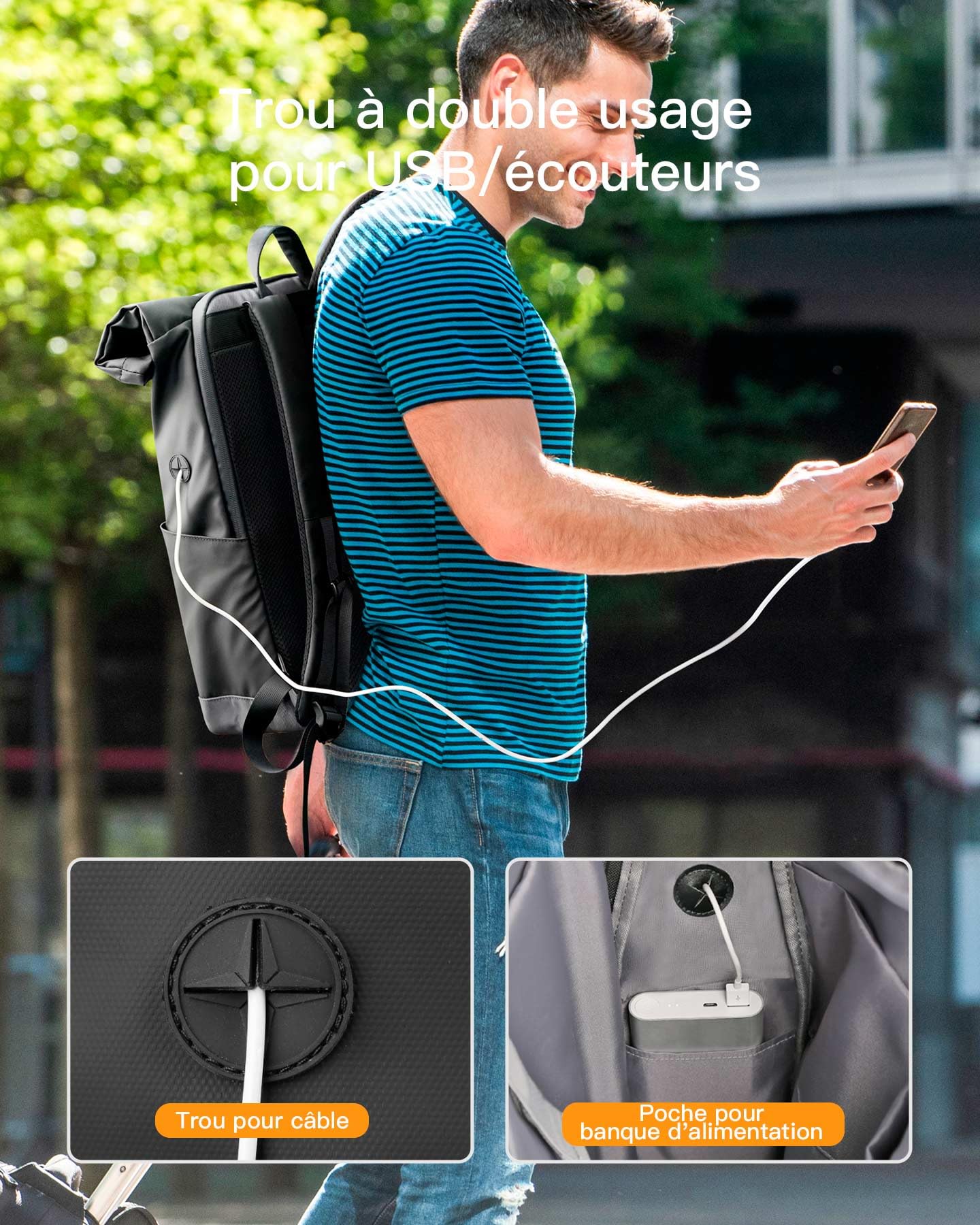Inateck Sac à Dos Rolltop 25-30L Extensible, Vélo Voyage Loisir, Noir | Homme Femme, 17 Pouces PC, Anti-éclaboussures, Prise écouteurs, Zip accès rapide, Voyage Travail