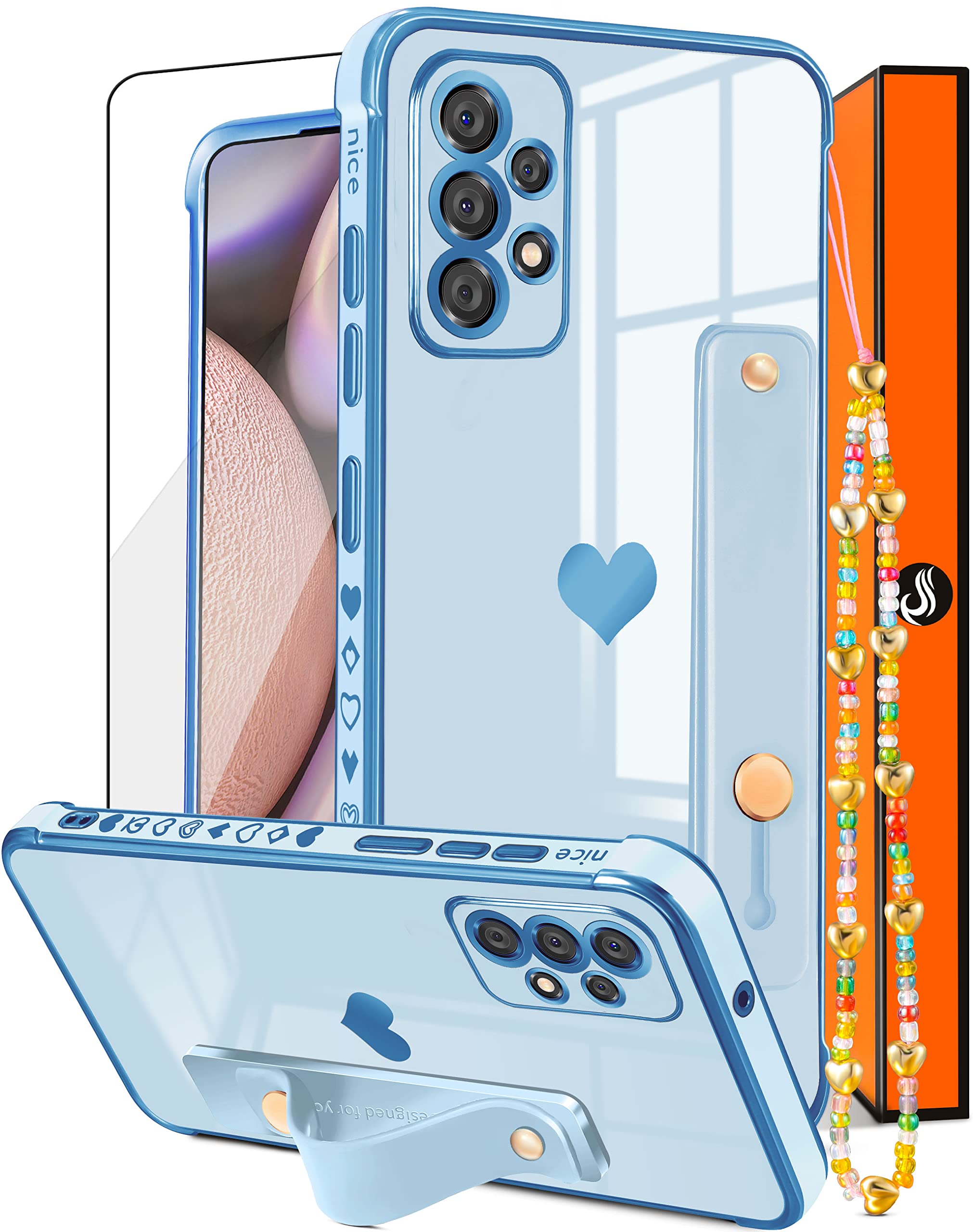 Likiyami (3in1 for Samsung Galaxy A53 5G Case Heart Women Girls Cute Girly Aesthetic Trendy Luxury Pretty with Loop Phone Cases Blue and Gold Plating Love Hearts Cover+Screen+Chain for A53 5G -6.5''