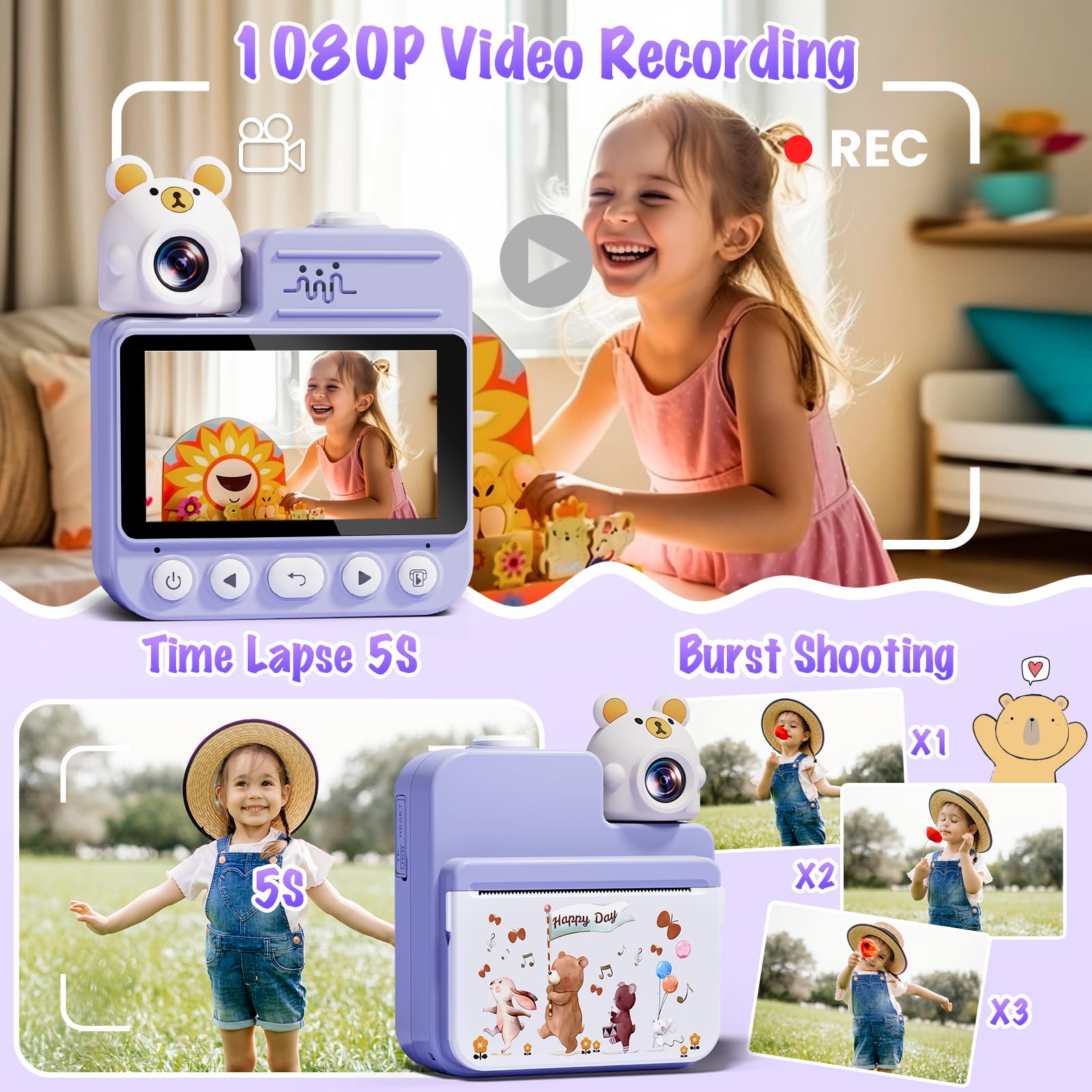 Gofunly Macchina Fotografica Bambini Istantanea, 3,0 Pollici Fotocamera Istantanea Bambini con 32GB Scheda & 3 Carta Stampa, 14MP/1080P HD Videocamera Fotocamera Digitali per Bambino da 3-12 Anni