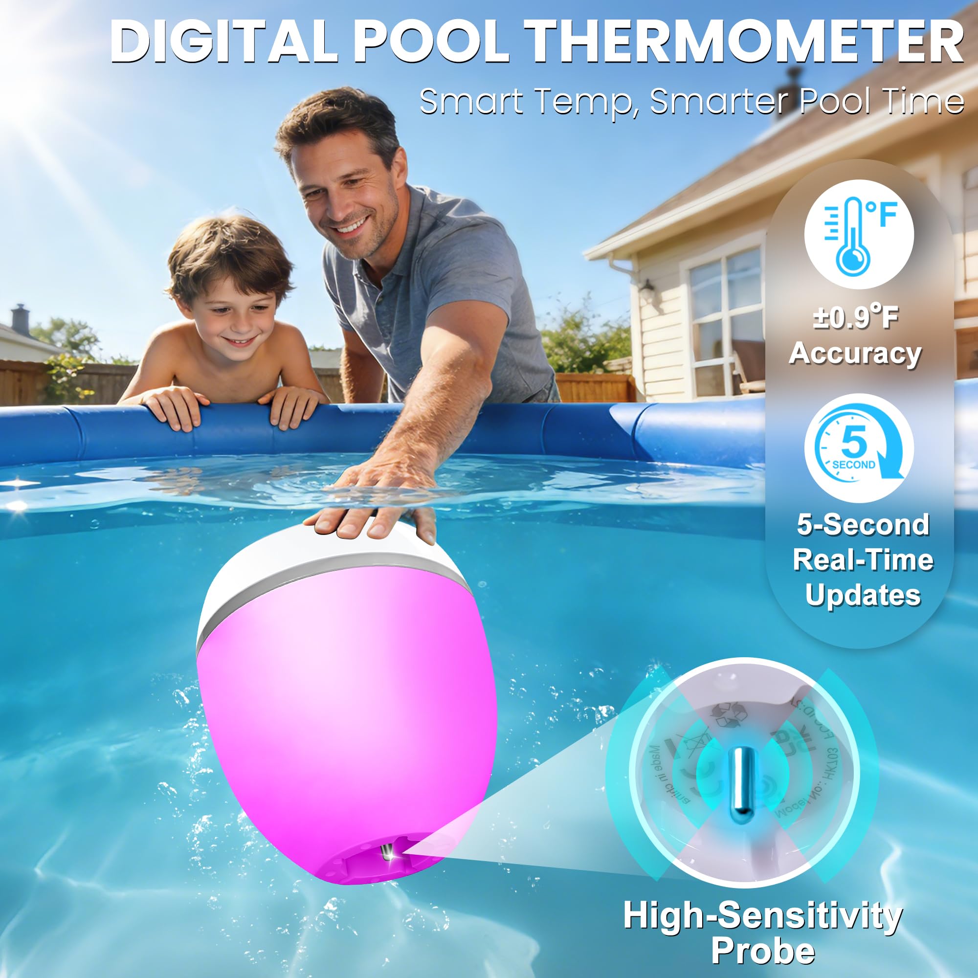AearKing Altoparlante galleggiante 3in1 per piscina con termometro digitale e luci | Luci RGB, TWS, impermeabile IP68, Bluetooth 5.0, suono surround a 360°, display LCD della temperatura, ABS, ricarica USB