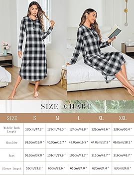 Camicia Da Notte Donna A Quadri Cotone - Manica Lunga, Scollo A V Con Bottoni, Comoda E Morbida - Foto 5