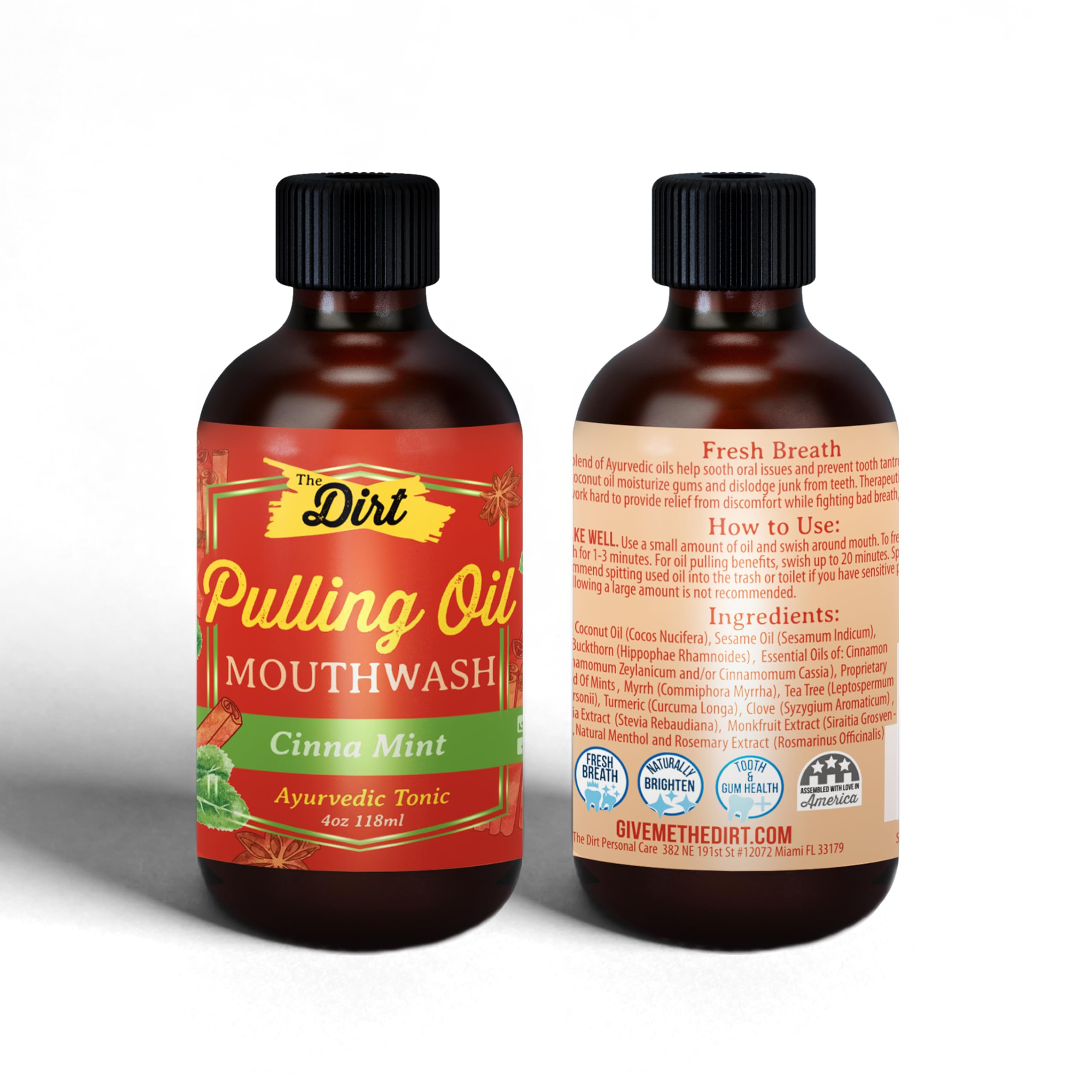 THE DIRT Oil Pulling Mouthwash - Gluten Free - Removes Plaque, Tartar, Bad Breath & Whitens Teeth (Cinna Mint, 4 Ounce)