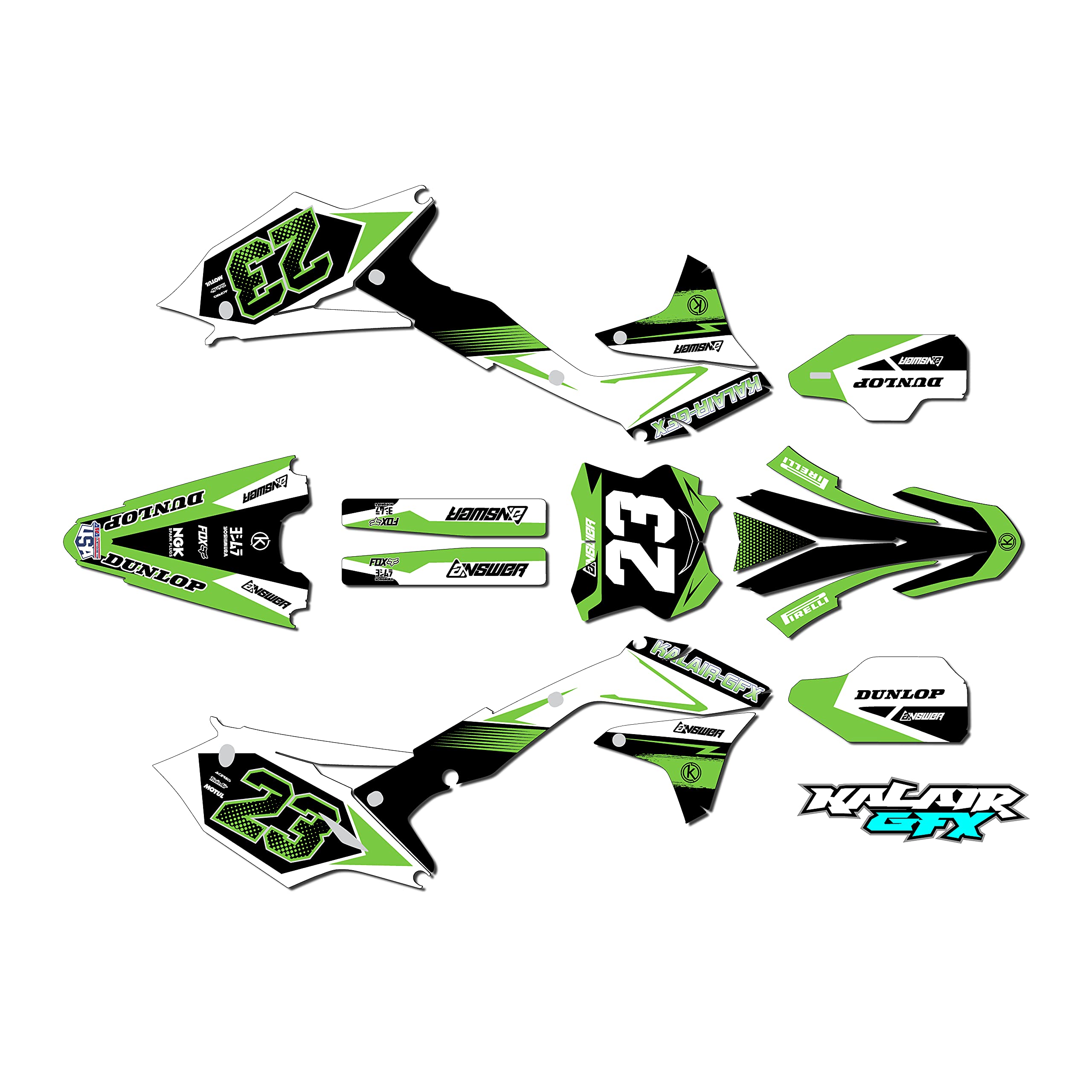 Kalair GFX Graphics Kit for Kawasaki KX450F (2016-2018) Evader Series Green 16 Mil-Dirt pit bike motorcycle stickers,dirtbike racing decal automotive motocross accessories no plastics