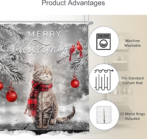 Miniatura 3 de AMBZEK Cortina de ducha con diseño de gato de Feliz Navidad, 60 pulgadas de ancho x 72 pulgadas de largo, diseño de copos de nieve, árbol de pino,