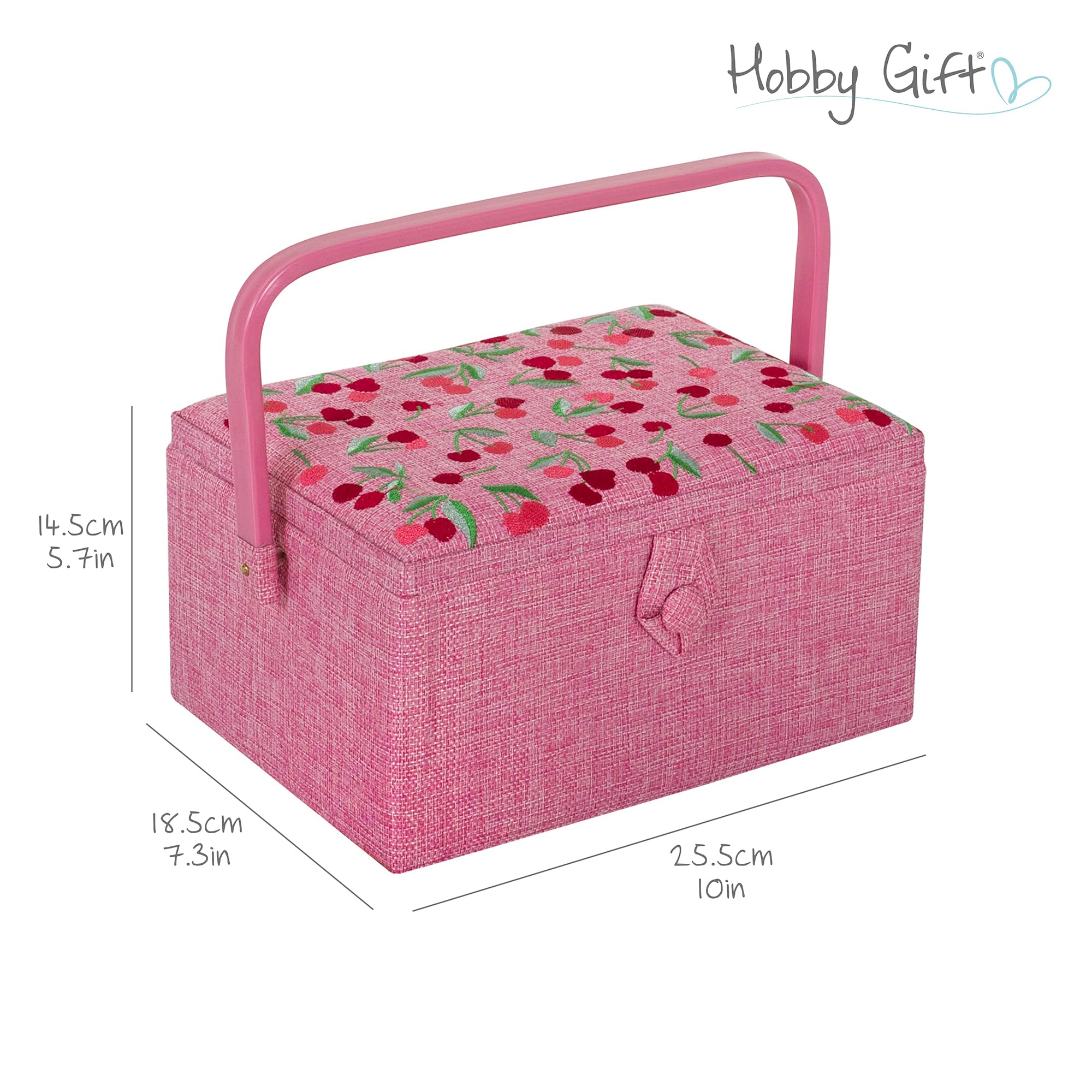Hobby Gift Nähkästchen Mittel mit Griff - Nähkorb aus Baumwolle mit Fächern für Nähzubehör & Werkzeuge - Aufbewahrungsbox für Handarbeit - 18,5 x 25,5 x 14,5 cm, Kirsch