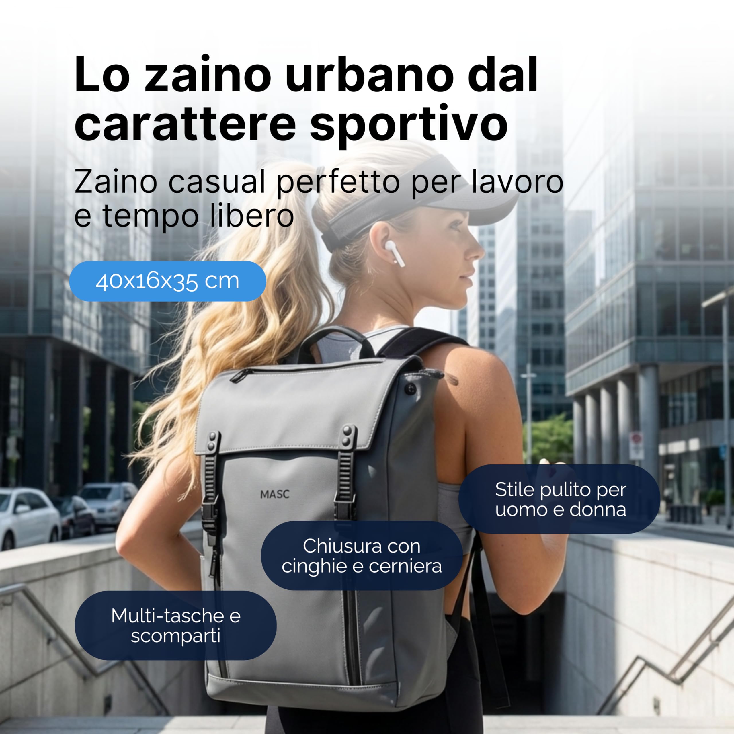 MASC Zaino da Lavoro Impermeabile, Zaino Porta Laptop ideale per Ufficio e Università - Zaino da Viaggio Capiente 22L