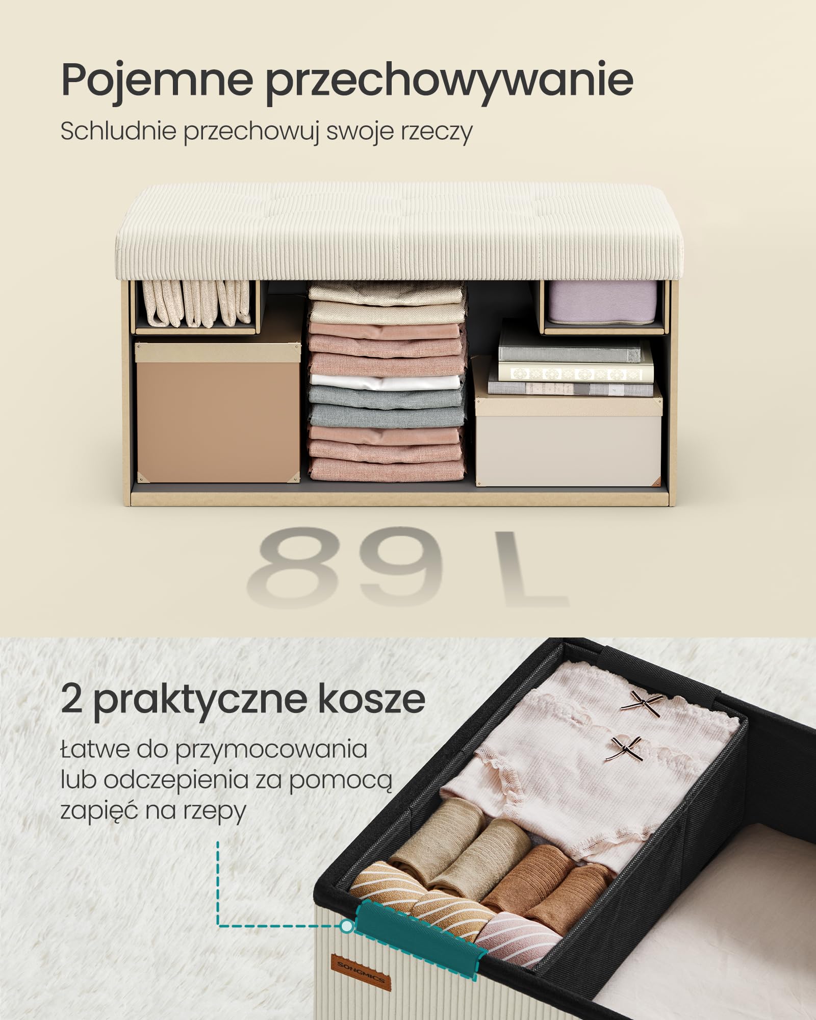 SONGMICS Podnóżek ze schowkiem, składana ławka, 38 x 76 x 38 cm, podnóżek, sofa rozkładana, pojemnik na rzeczy, ładowność do 300 kg, salon, sypialnia, korytarz, kremowo-biały LSF603W01