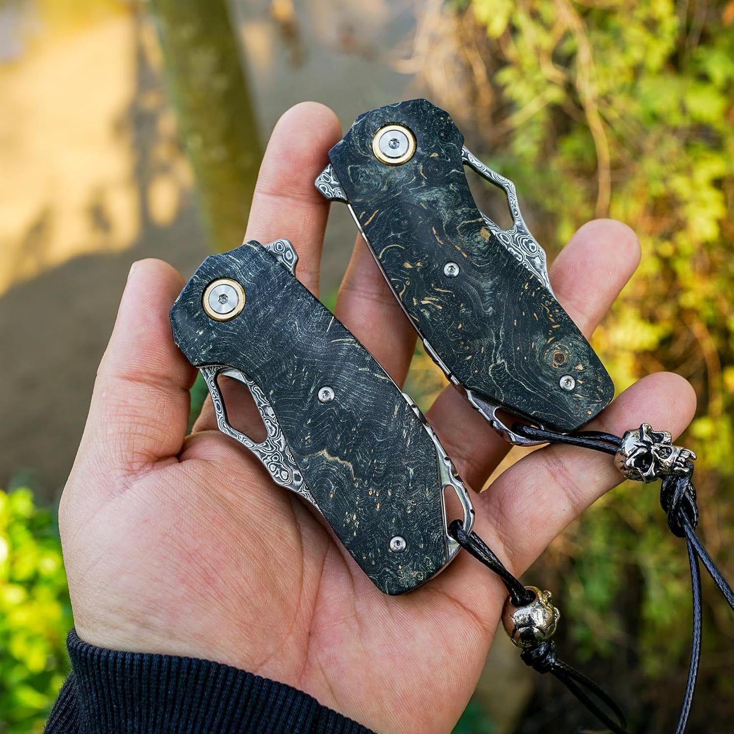 VNLA Handmade Damascus Steel Pocket folding Knife.2.45in High Sharp Blades folding knife,Stabilized cured wood handles.With Cowhide Sheath.Men's EDC Knife for Outdoor Adventure.Travel Hiking Camping Knife.