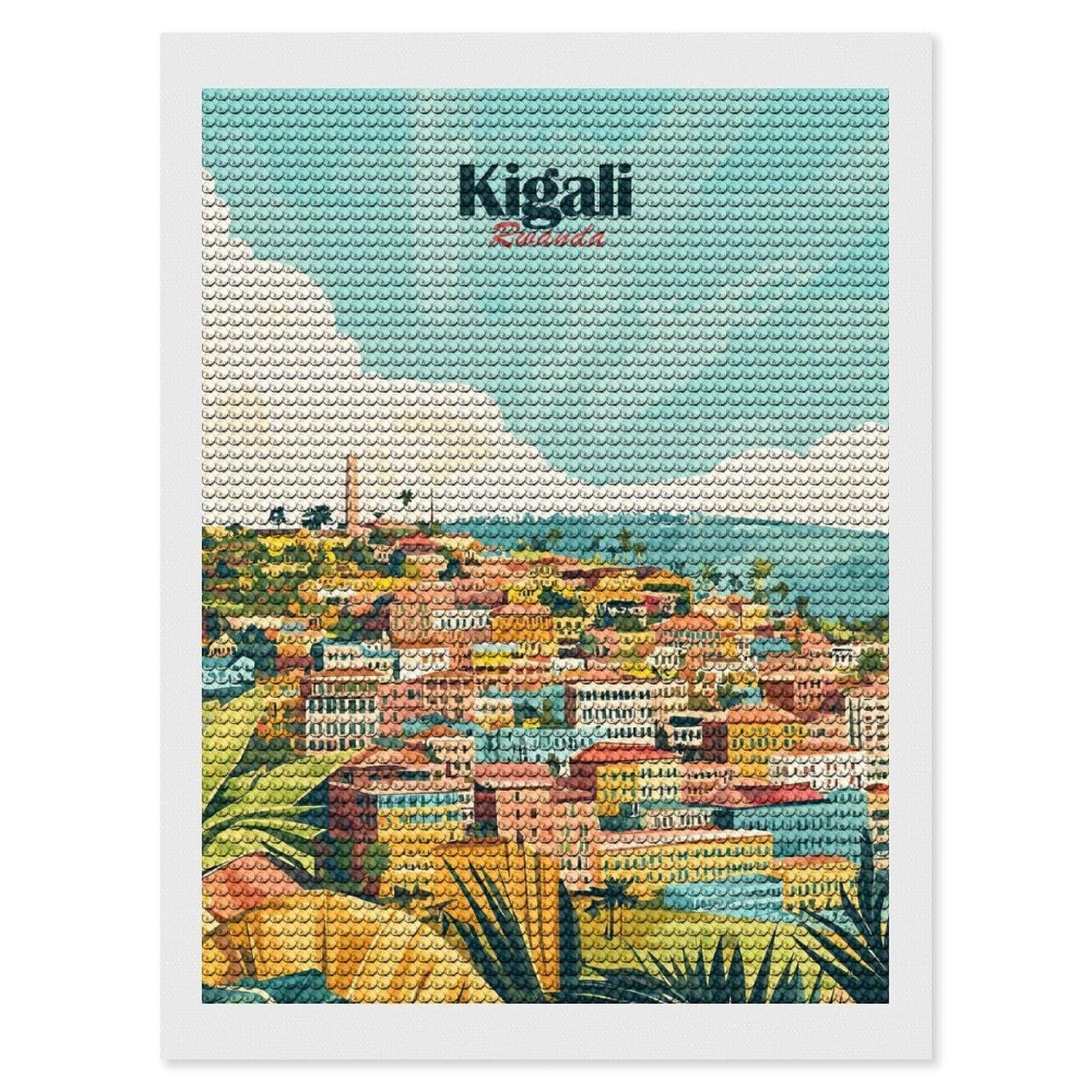 Junmoney Kigali Rwanda Cityscape Illustration Full Drill Diamond Painting Kit 12"x16", for Teens, Adhesive Canvas, Bedroom Decor, Holiday Gift Idea