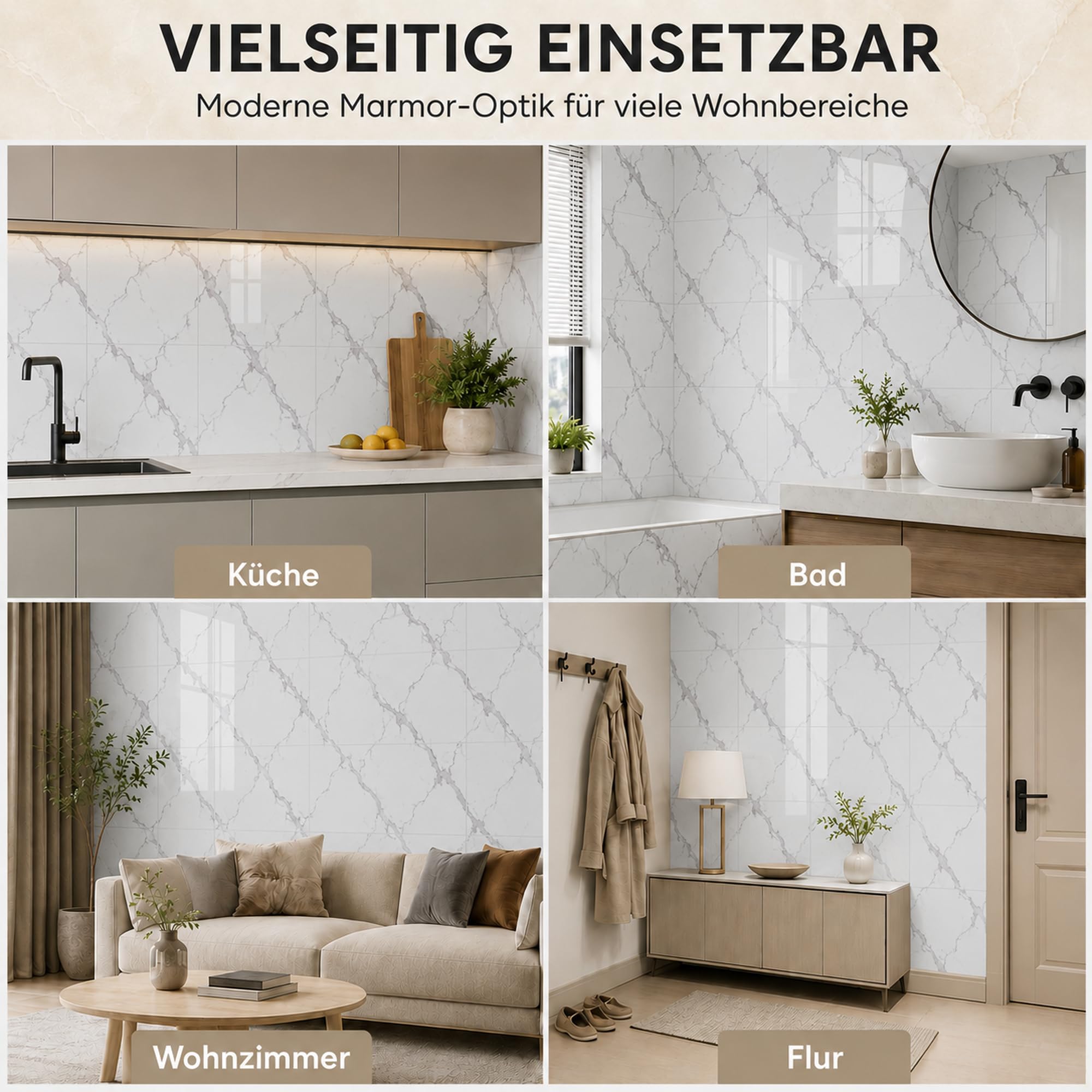 Azulejos adhesivos para pared, 30 x 30 cm, para pared posterior de cocina de PET, 20 unidades, resistentes al agua, resistentes al calor, aspecto de mármol, para cocina, baño, salón (blanco marfil)