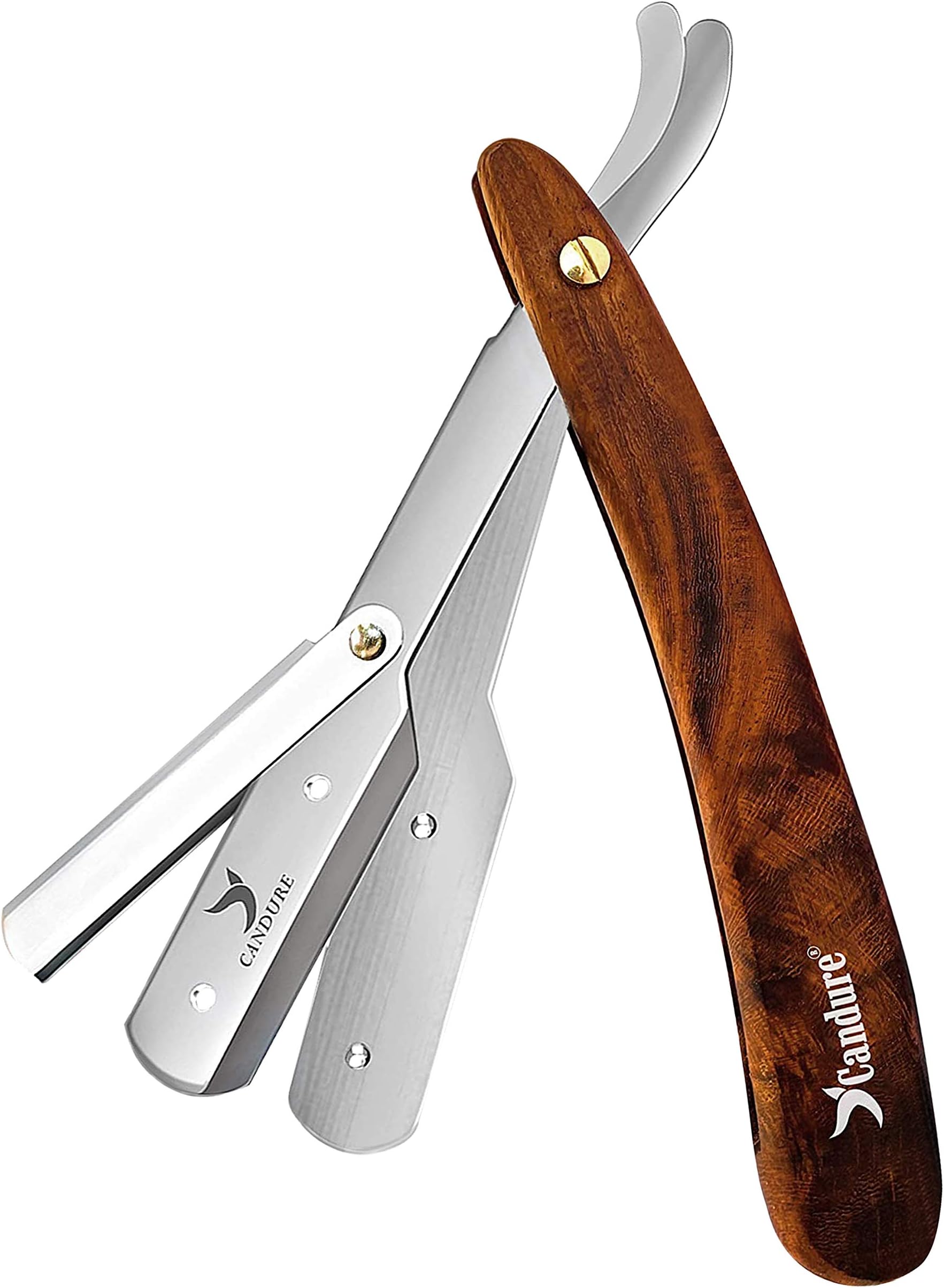 Candure Cut Throat Razor Kit, Professional Barber Straight Edge Razors for Shaving and Shaping- Wooden Handle Beard and Moustache Single Blade Shavers for Men and Adults