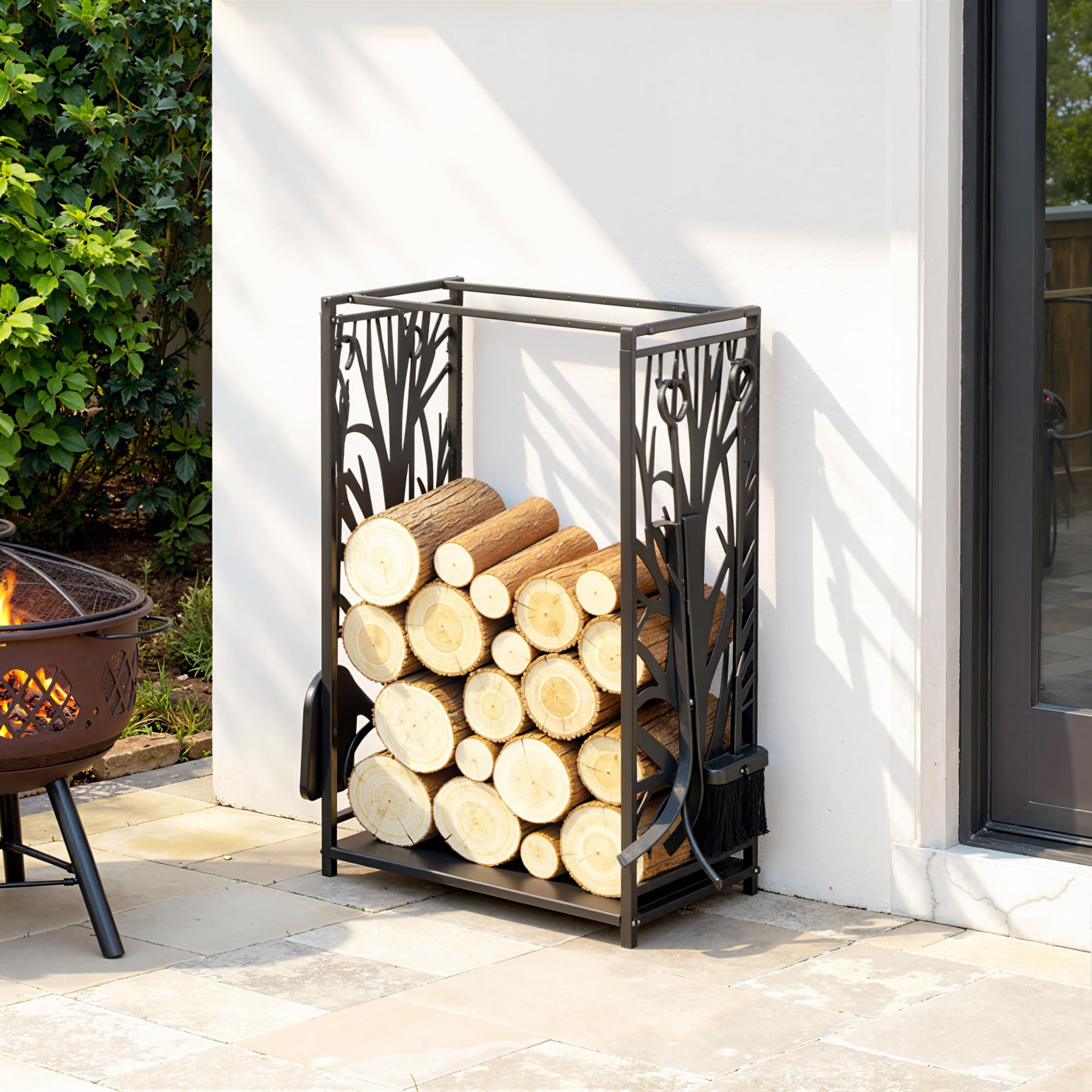 HOMCOM Estante para Leña Estantería de Almacenamiento para Chimenea Soporte para Leña con 4 Herramientas para Interior y Exterior 46x30x70 cm Carga 100 kg Negro