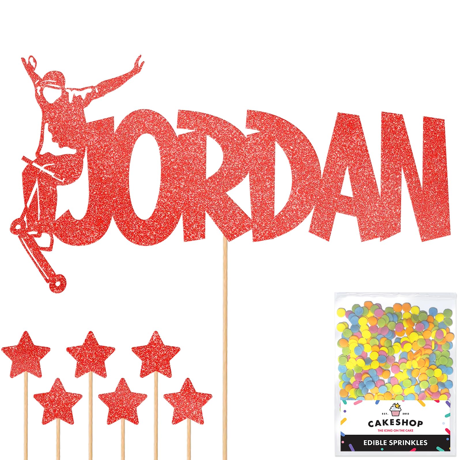 Personalised No Hander Trick Stunt Scooter Glitter Cake Topper - Red Custom Name Glitter Cake Decoration and Sprinkles - Happy Birthday Decorations - Personalised Toppers for Cakes by Cakeshop — image 1