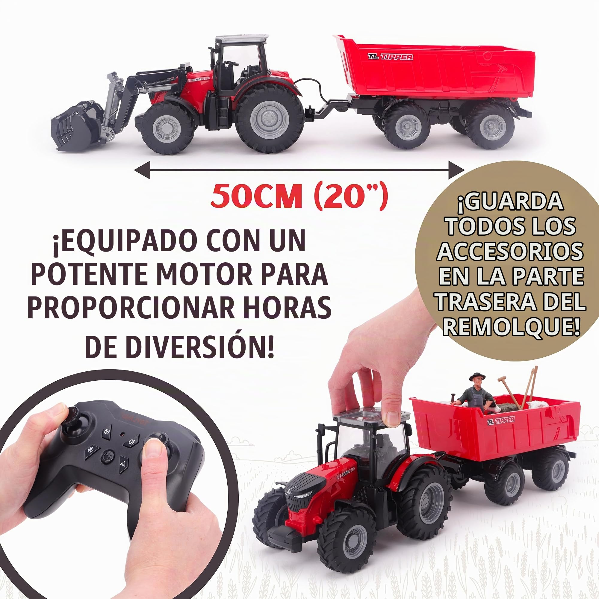 Toyland® Escala 1:24 Tractor Rojo a Control Remoto con Pala Frontal, Remolque basculante motorizado y Accesorios. de Juguete con Luces y Carga USB. Batería Recargable incluida. Vehículo de Granja.