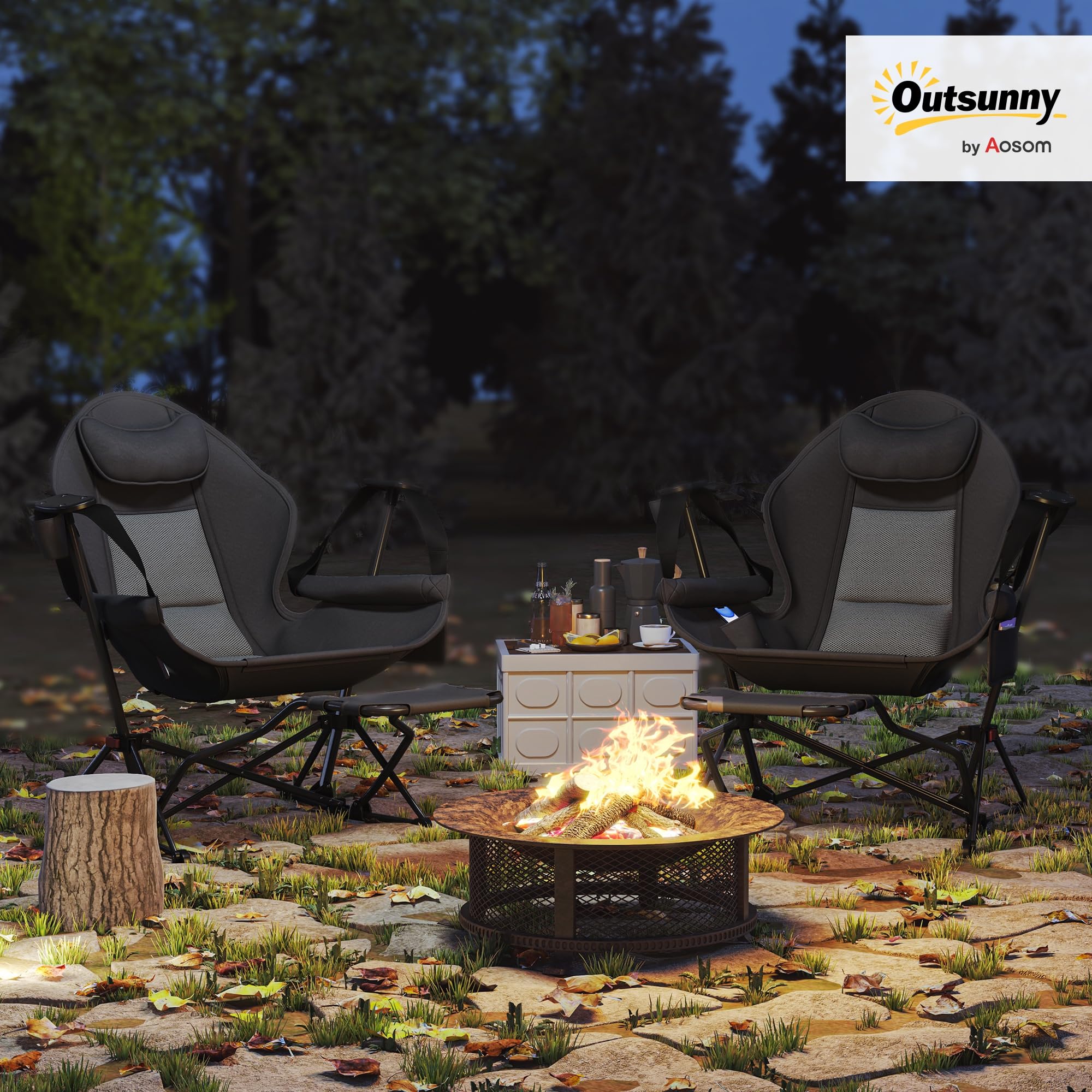 Outsunny Mecedora Jardín Exterior con Reposapiés Pack 2 120 kg Negro | Silla Plegable de Camping, Reposacabezas, Portavasos, Bolsillos, Bolsa de Transporte, para Playa Camping Pesca