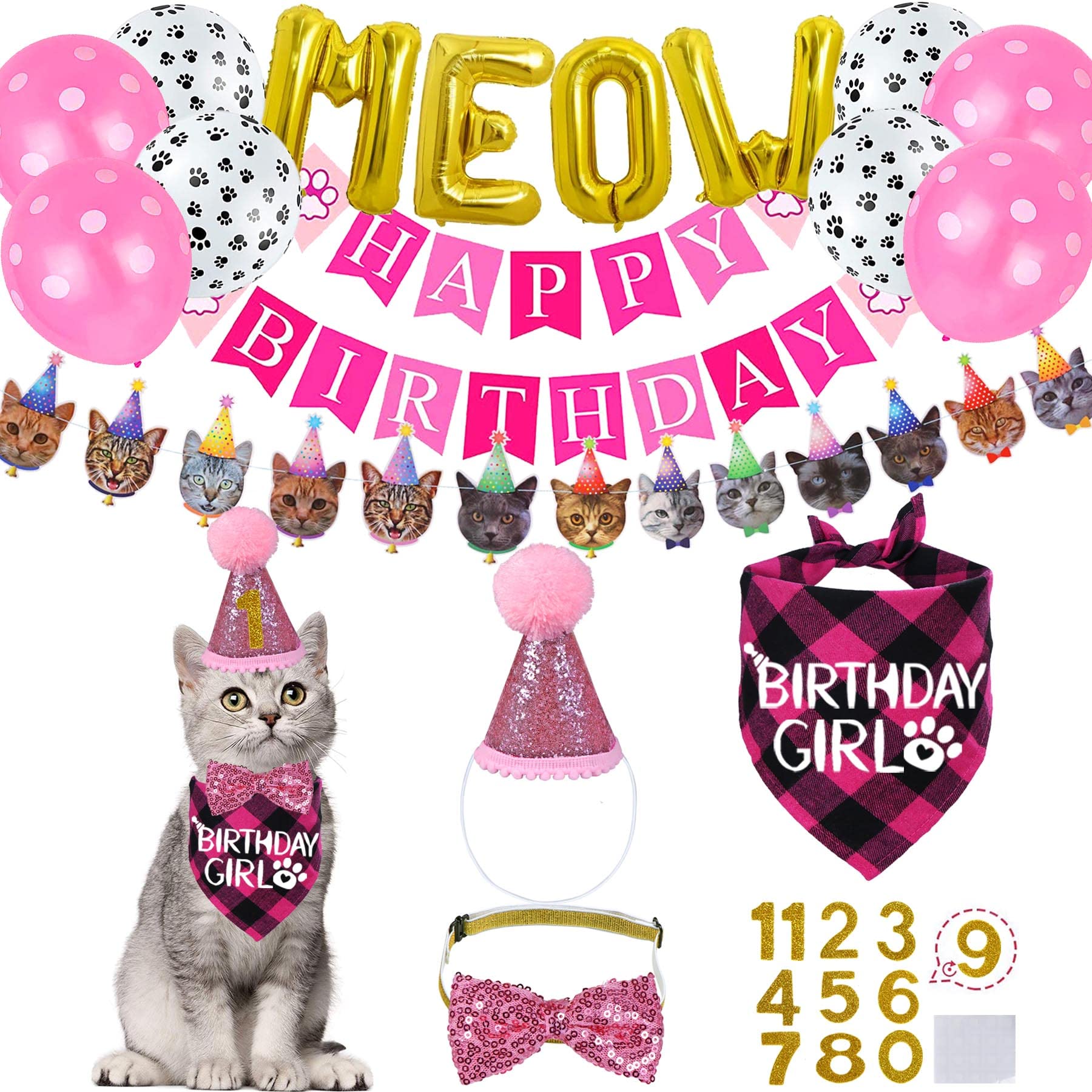 STMK Cat Birthday Party Supplies, Cat Birthday Hat Bandana Bow Tie Collar Birthday Number Cat Birthday Banner Garland MEOW Letter Balloons for Cat Kitten Birthday Outfits Decorations (Pink)