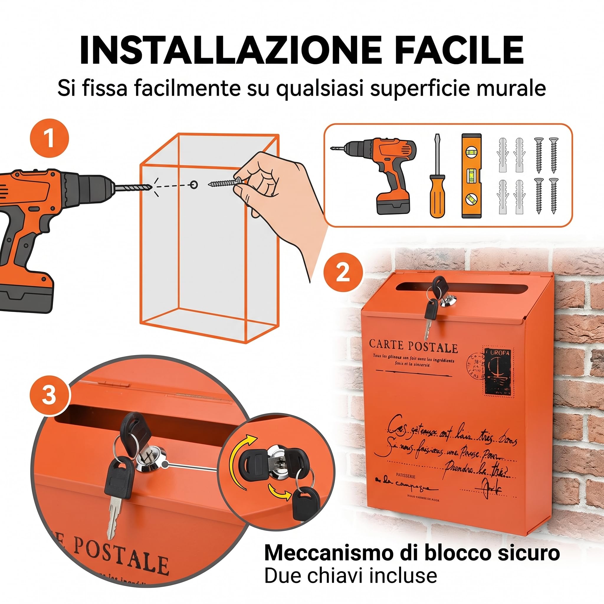 Cassetta Postale da Parete, Cassetta delle lettere vintage resistente alle intemperie con serratura e struttura in ferro impermeabile, per riporre lettere da esterno (arancione)