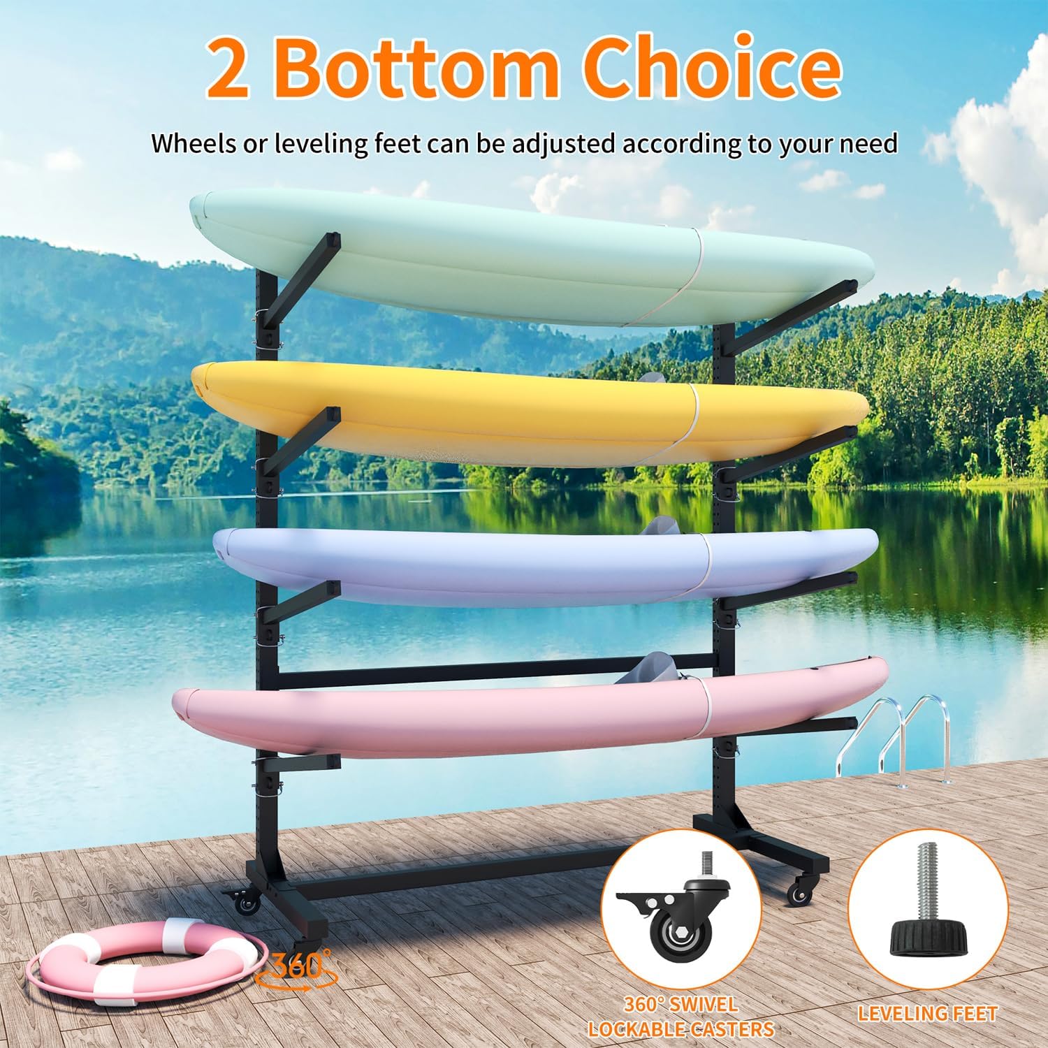 Heavy Duty Freestanding Kayak Storage Rack, Adjustable Metal Stand for Kayaks, Canoes, SUPs & Surfboards with Lockable Wheels, Indoor & Outdoor Use