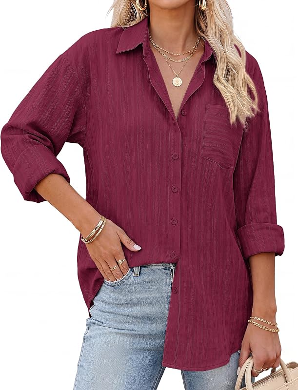 GRACE KARIN Women’s Cotton Oversized Blouse Dressy Casual Wine in Wine