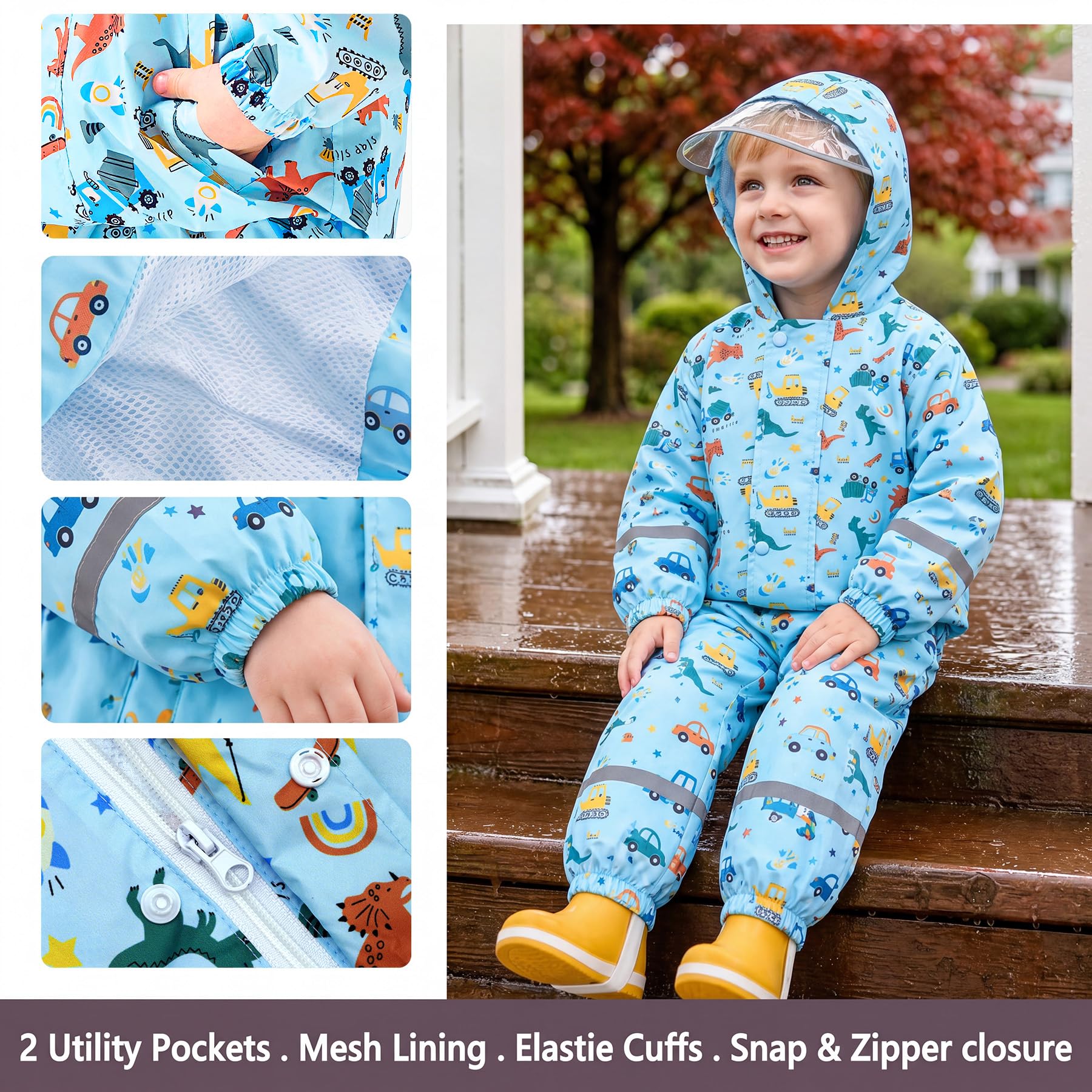 Chubasquero Niño Niña Ligero Conjunto Impermeable con Capucha y Reflectante Estampado Chaqueta Lluvia & Pantalones Traje de Lluvia Abrigos, Exteriores Ropa para Infantiles 1-7 años