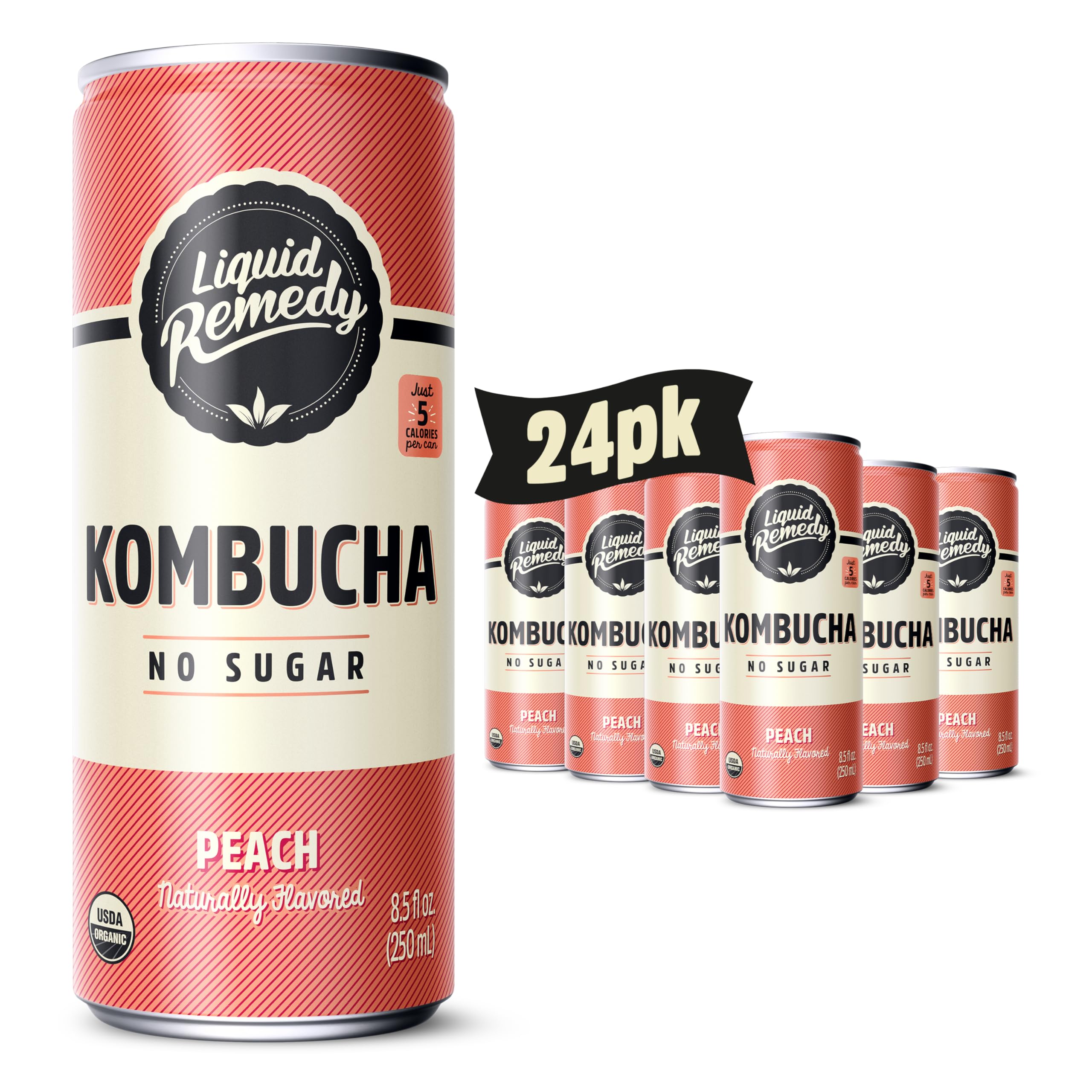 Liquid Remedy Kombucha Sugar Free Organic Drink, Low Calorie, Probiotic Like Tea for Gut Health - Peach - 8.5 Fl Oz Can, 24-Pack