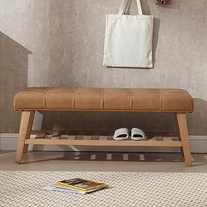 Kmax Entryway Bench with Shoe Storage, Leather Upholstered Wood Storage Bench for Living Room, Bedroom, End of Bed - PU, Brown