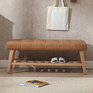 Kmax Entryway Bench with Shoe Storage, Leather Upholstered Wood Storage Bench for Living Room Window Bench for Bedroom End of Bed - PU, Brown
