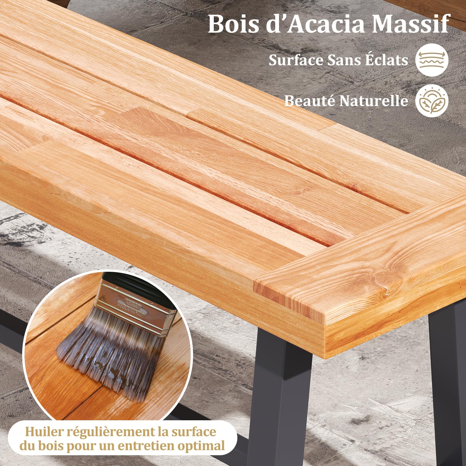 COSTWAY Lot de 2 Banc Exterieur Jardin en Bois d’Acacia, Banc de Jardin à 3 Places, Capacité 360 kg, Coussinets Antidérapants, Pieds en Métal, Banquette pour Cour Porche Terrasse, 160 x 32 x 45 cm