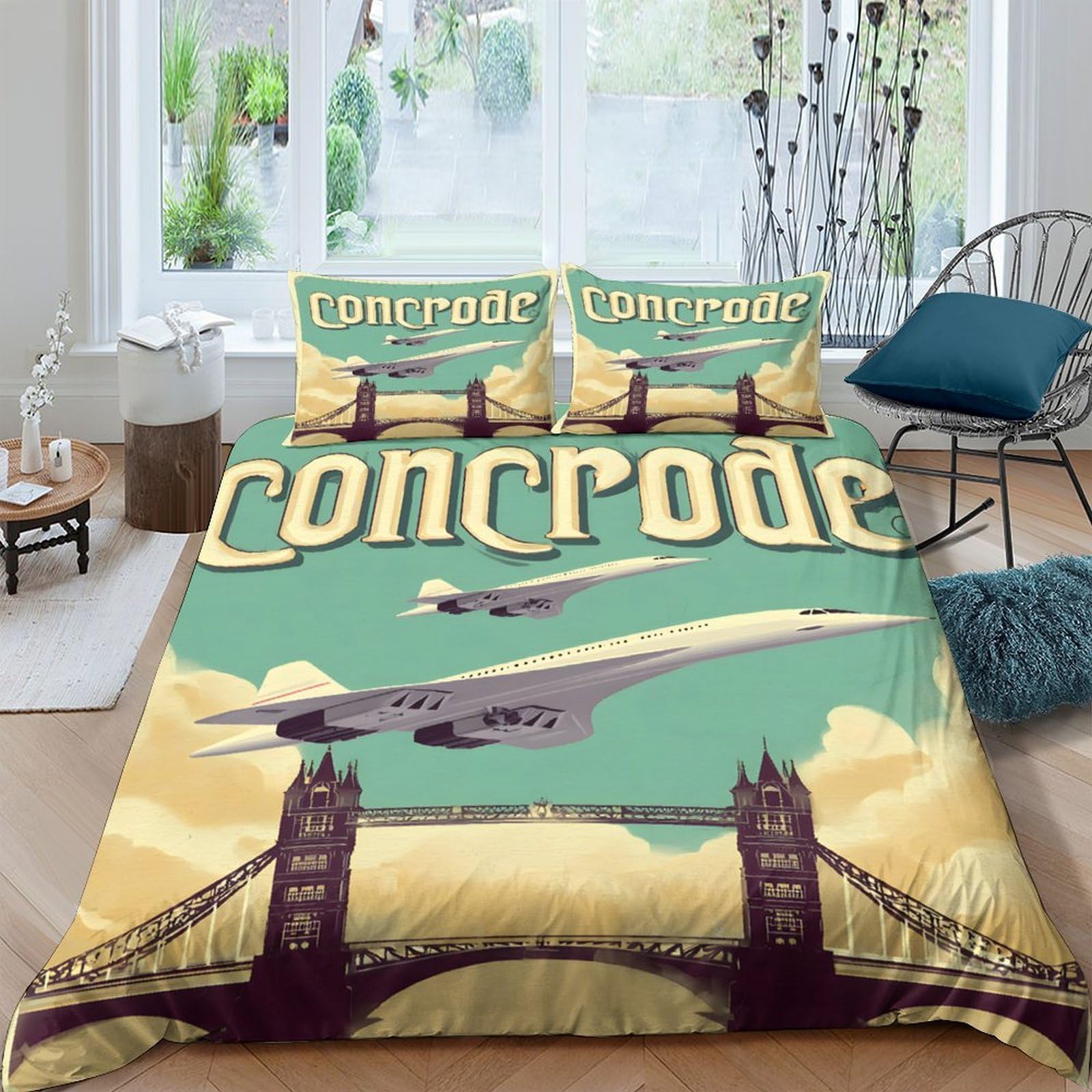 GPLZQXKJNH 3D Printed Concorde Airplane Duvet Cover Microfiber Soft Breathable London Bridge Bedding Set with 2 Pillowcases for Bedroom Decor Single（135x200cm）