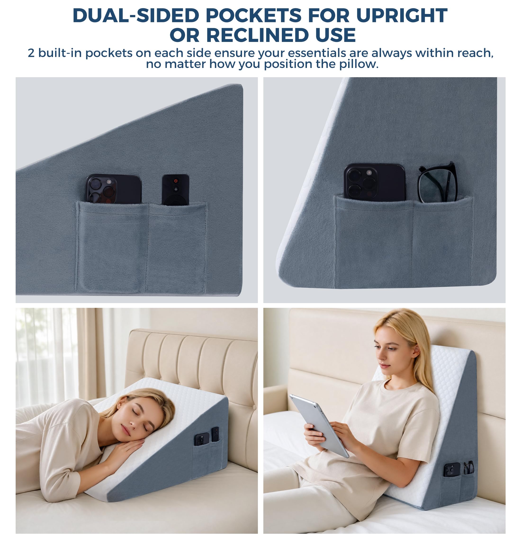 Cojín Cuña Antireflujo, Anti-Ronquidos y Dolor de Espalda – Almohada Triangular Ergonómica de Espuma Viscoelástica con Funda de Jacquard Lavable, Soporte Elevado Postoperatorio y para Dormir